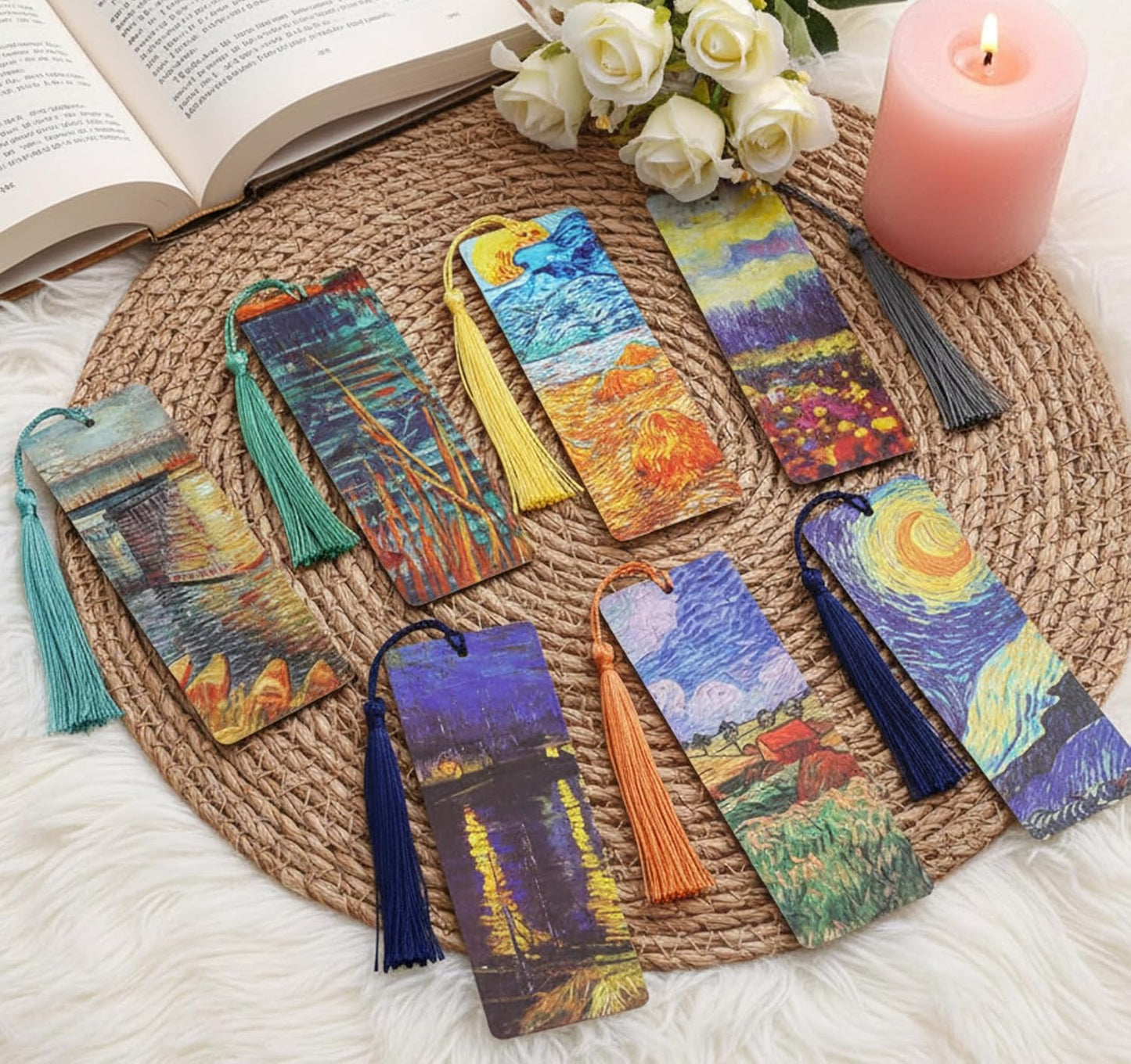 Bookmarks with Tassel, 7 Pieces Oil Painting Theme Cute Bookmark Book Marks Page Clip Bookmark for Book Lovers Writers Readers Men Women School Home Office Reading Supplies, Christmas & Teacher Gifts