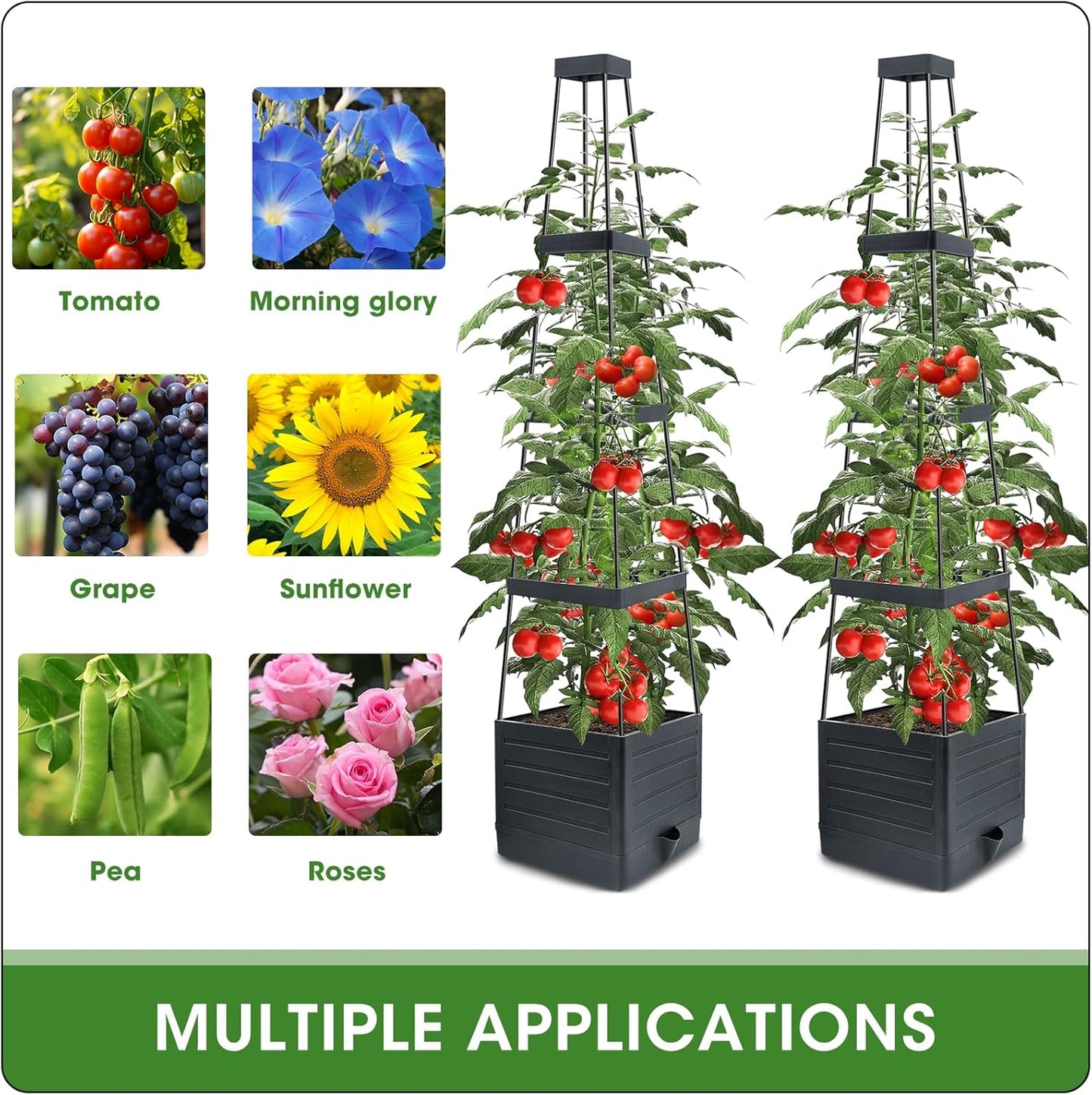 MQFORU 2 Packs Raised Garden Bed Tomato Planter with Trellis, 57" Tomato Cages for Climbing Vegetables Plant, Self Watering Planters Box for Garden Pots for Patio Greenhouse Indoor Outdoor（2PCS）