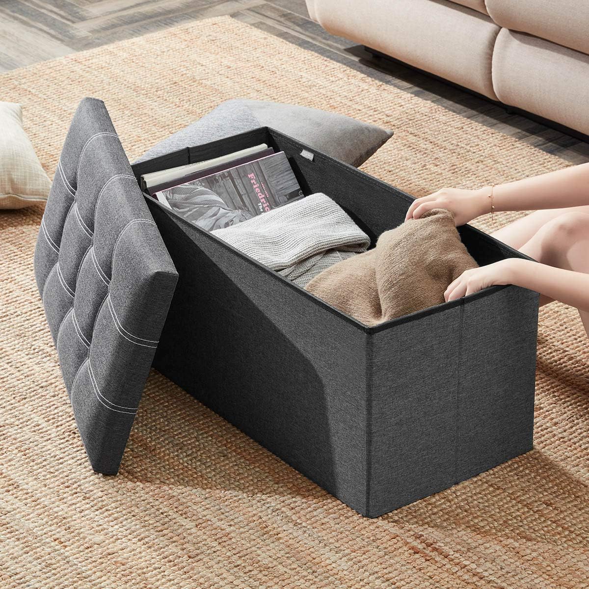 YOUDENOVA 30 inches Folding Ottoman, Ottoman with Storage Footrest Seat Support 350lbs, Storage Bench for Living Room Bedroom, Linen Fabric Grey