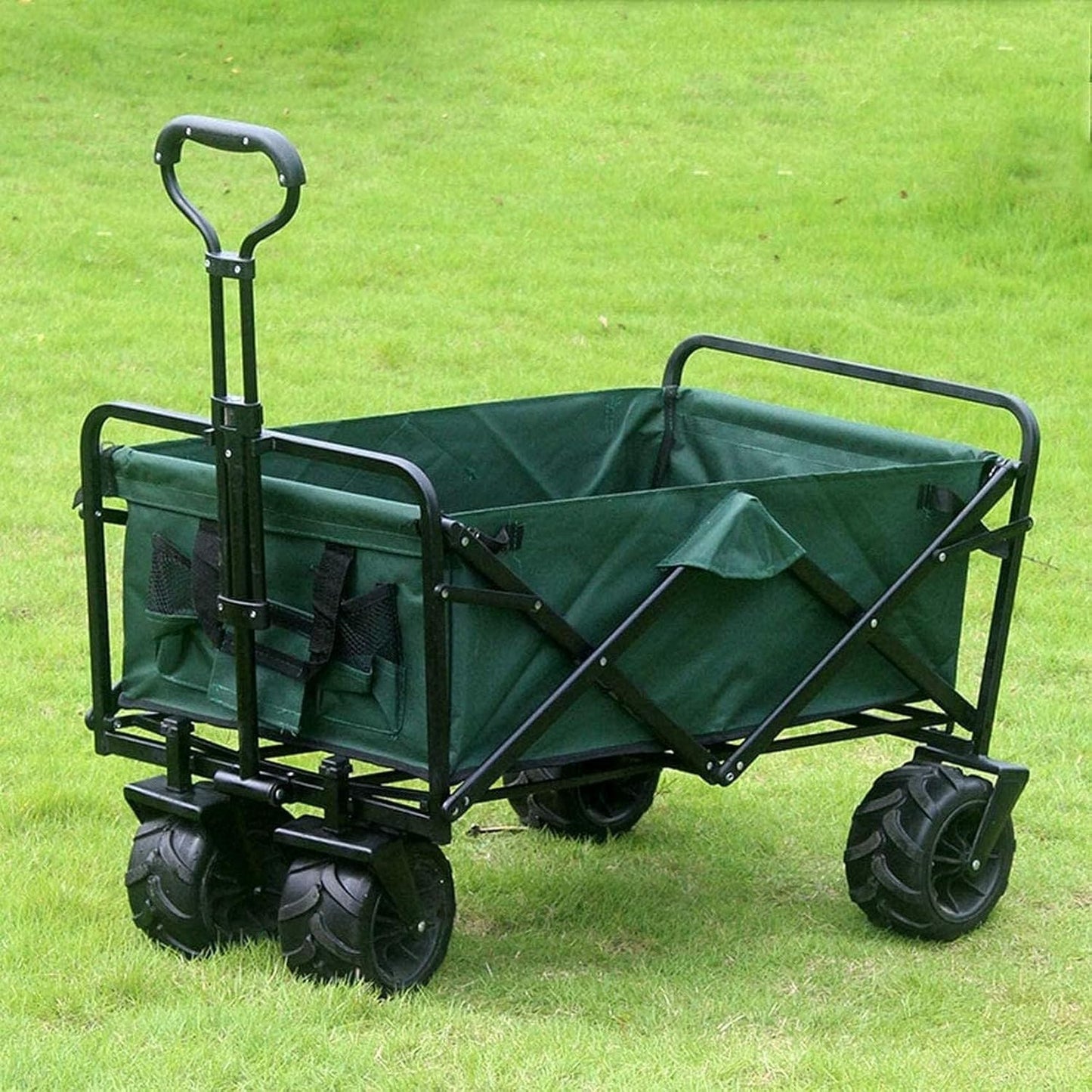 Foldable Outdoor Utility Wagon with Heavy Duty Steel Frame, Big All-Terrain Wheels & Adjustable Handle for Camping(Green)