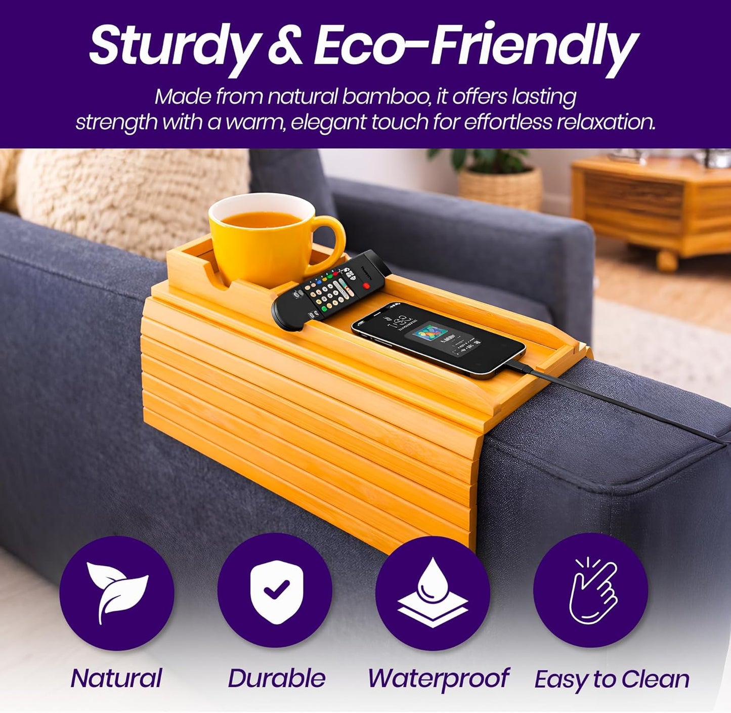 Bamboo Couch Armrest Table, Couch Arm Tray with Removable Couch Cup Holder, 2 in 1 Anti-Slip Foldable Sofa Armchair Caddy Table for Drinks Cellphone TV Remote Snacks, Anti-Slip