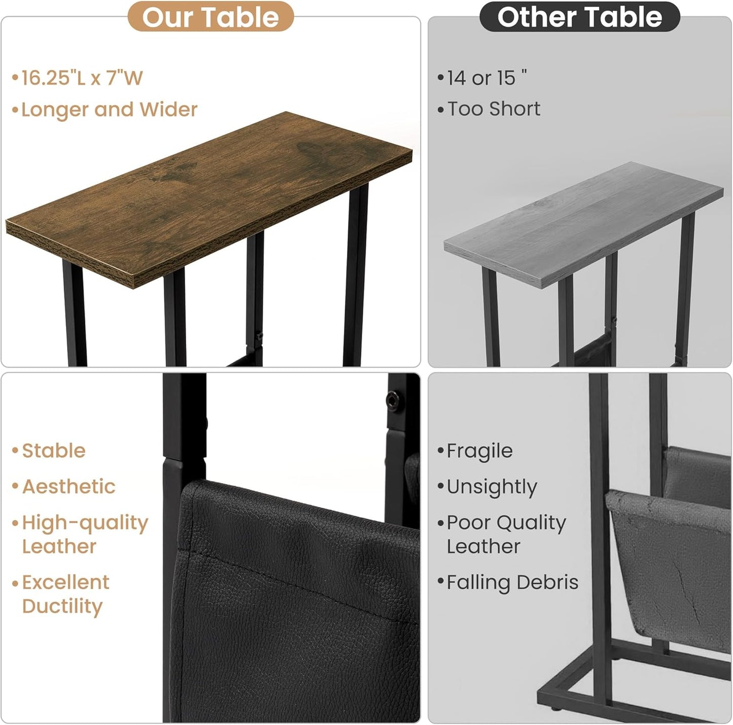 Narrow Side Table for Small Place,Metal Table with PU Leather Bag,Slim Nightstand for Reading Or Storage,Sofa Side Table for Living Room,Bedroom,Brown