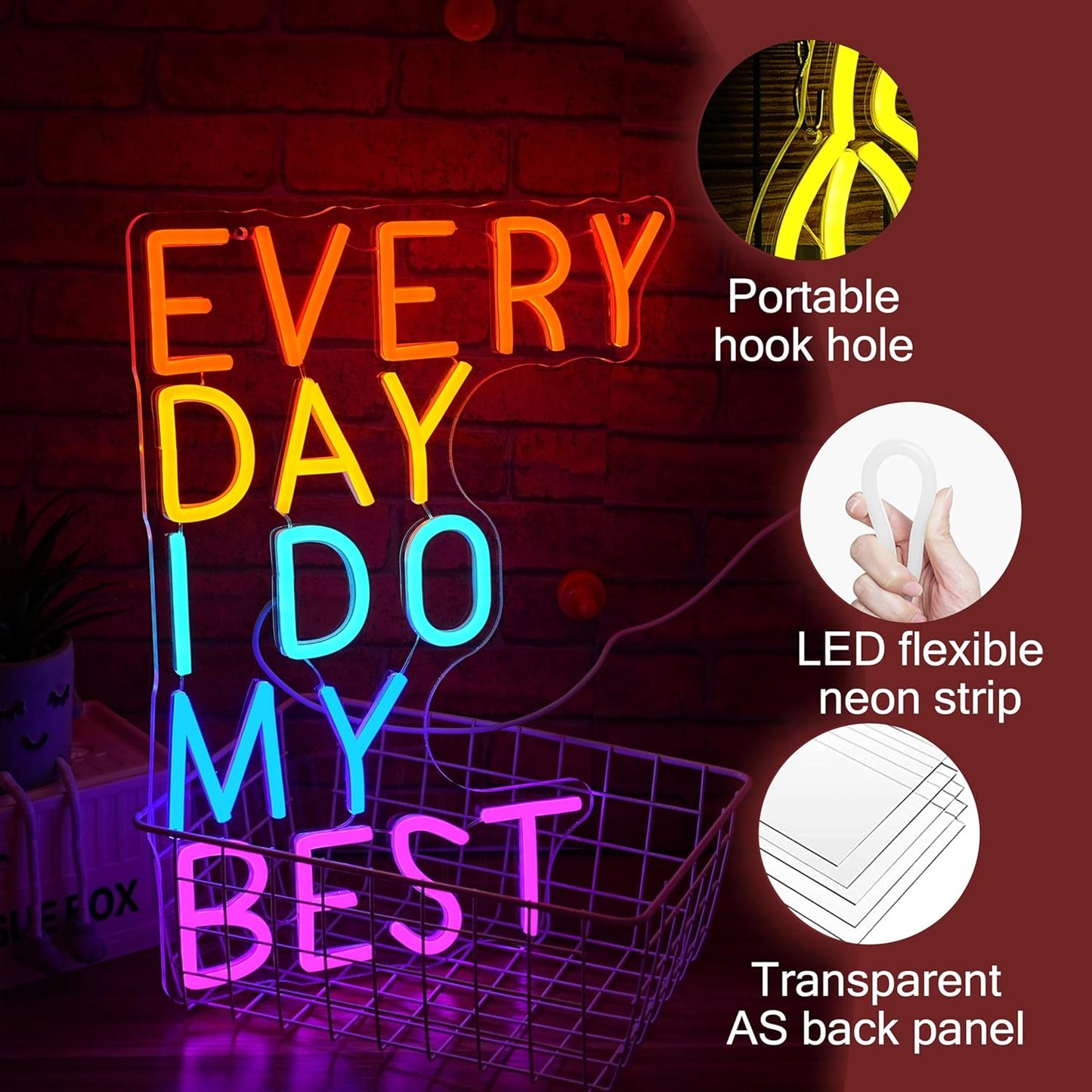 Every Day I Do My Best Neon Sign Usb Powered Multi-colored Light Up Sign for Wall Decor 16.54’’*12.6’’ Dimmable Motivational Led Sign Letter Neon Light for Bedroom Gym Study Office Classroom