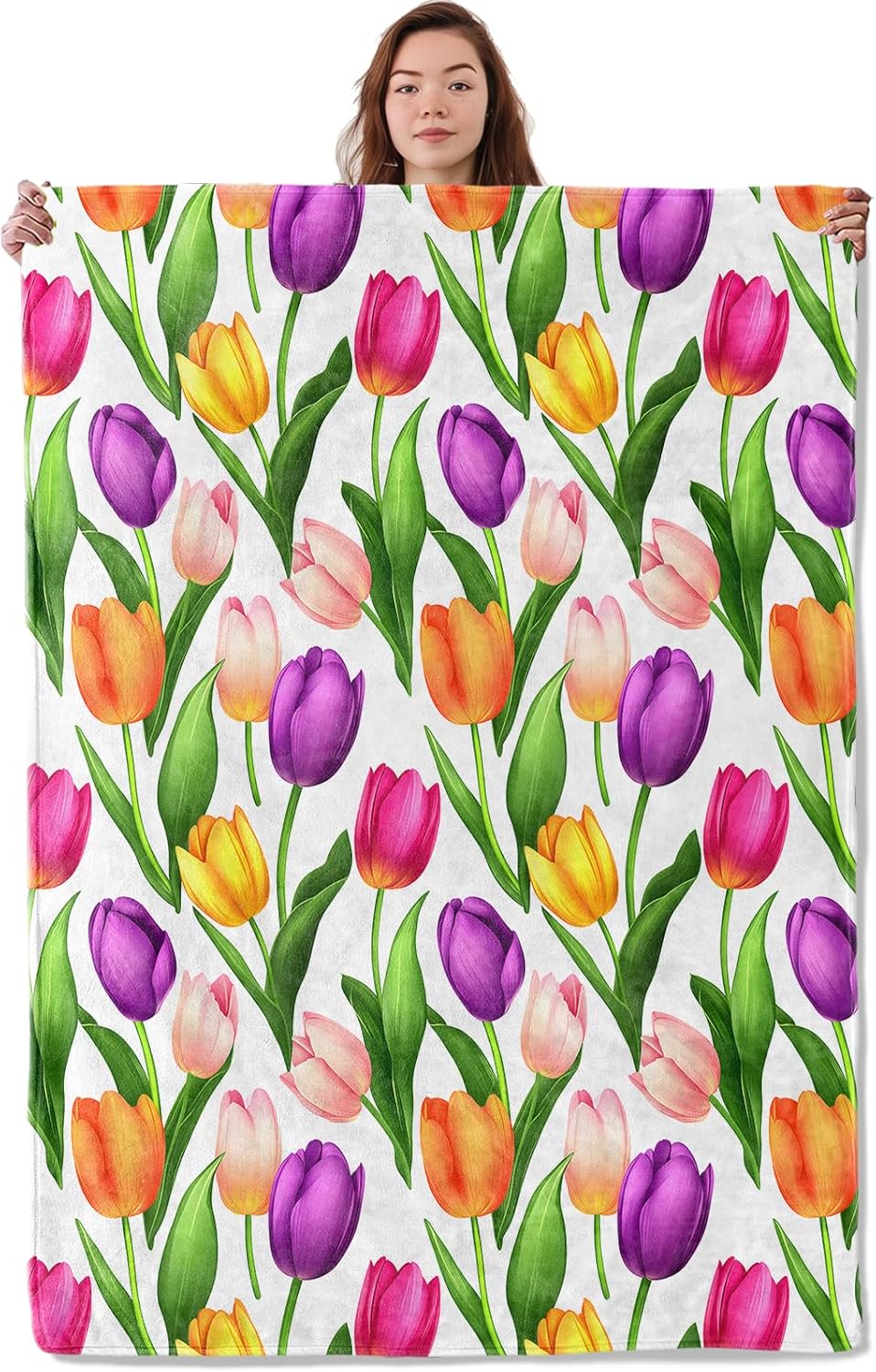 Colorful Tulip Floral Blanket, Soft Warm Cozy Throw Blanket Gifts for Adults Kids Women, Lightweight Fuzzy Comfy Flannel Blankets for Couch, Travel, Bed, House Decor 60×50 Inch