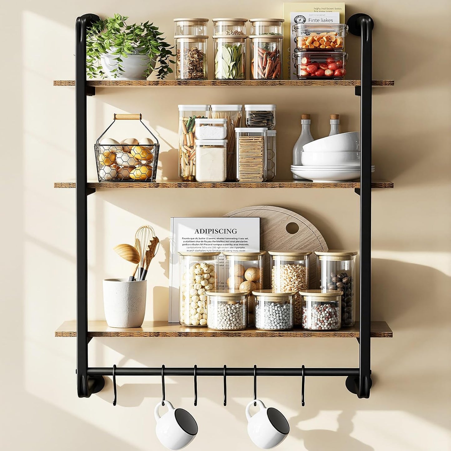 3 Tier Industrial Pipe Shelving, 24" Kitchen Shelves Wall Mounted with 6 Hooks, Coffee Bar Shelves Display Bookshelf Wall Shelf for Bedroom, Bathroom, Home Décor, Rustic Brown
