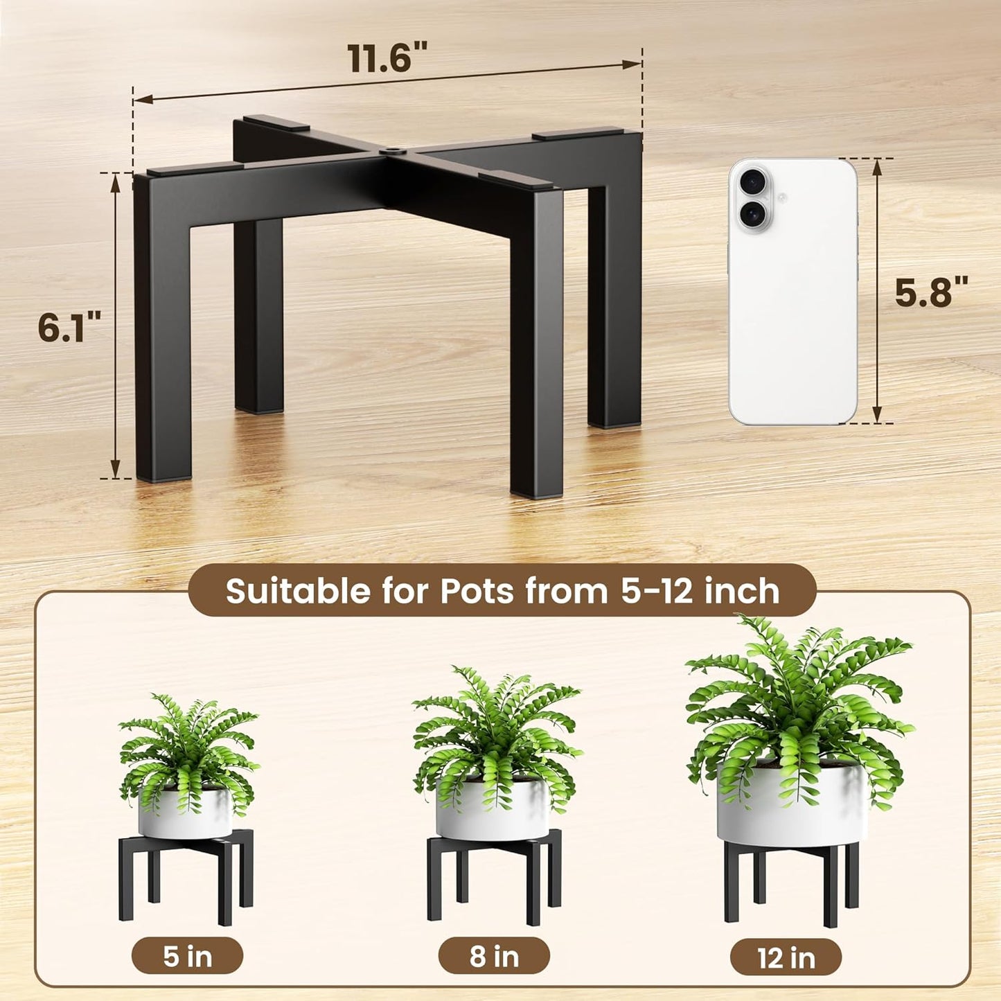 Plant Stand Holder Single Plant Riser For Indoor Outdoor Flower Pot Stand 6.1 IN Tall Metal Black