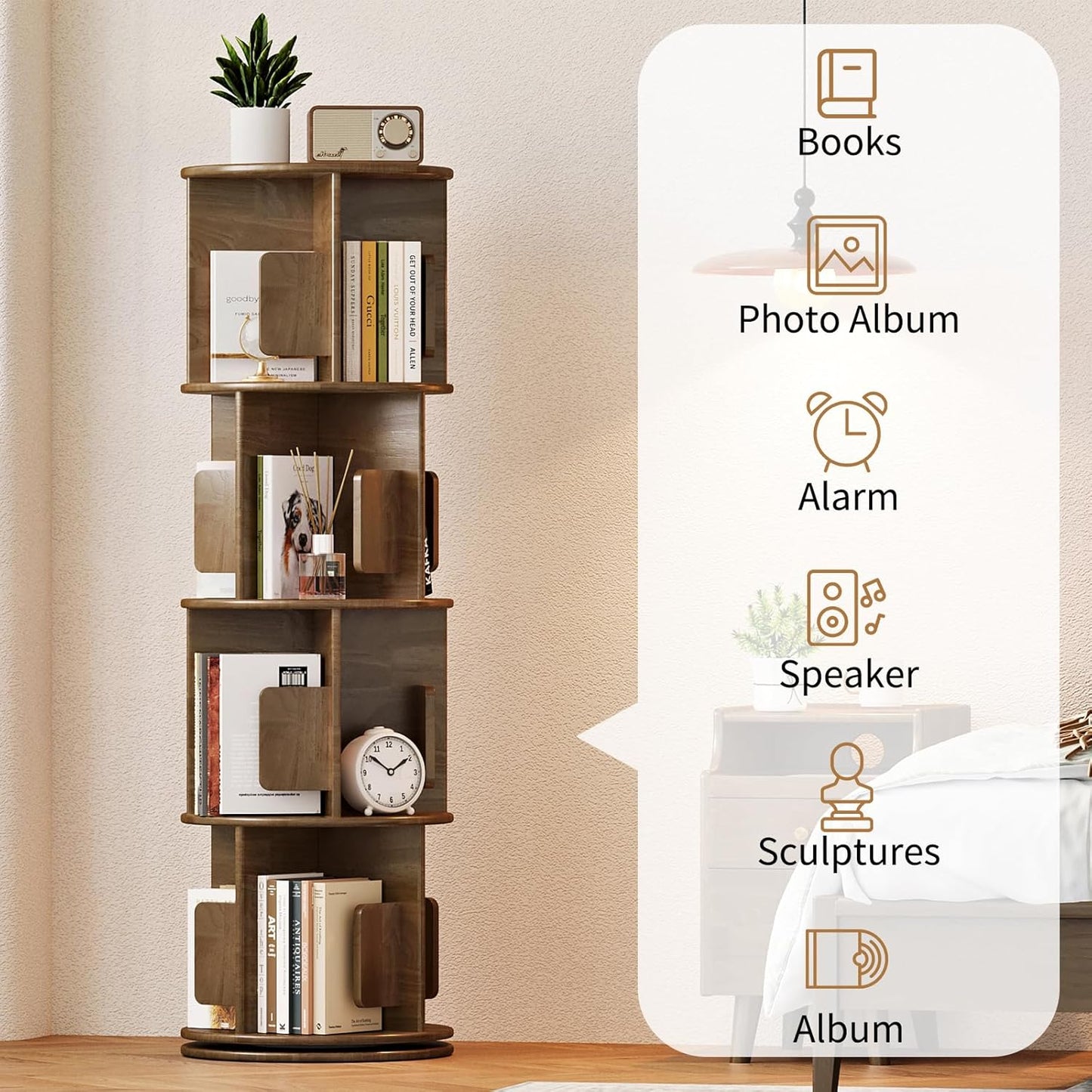 Uniclinens Wooden Rotating Bookshelf Tower 4-Tier, 360 Display Spinning Bookcase, Narrow Revolving Book Shelf Organizer for Kids&Adults, Round Bookshelves Floor Standing Storage Rack, Walnut