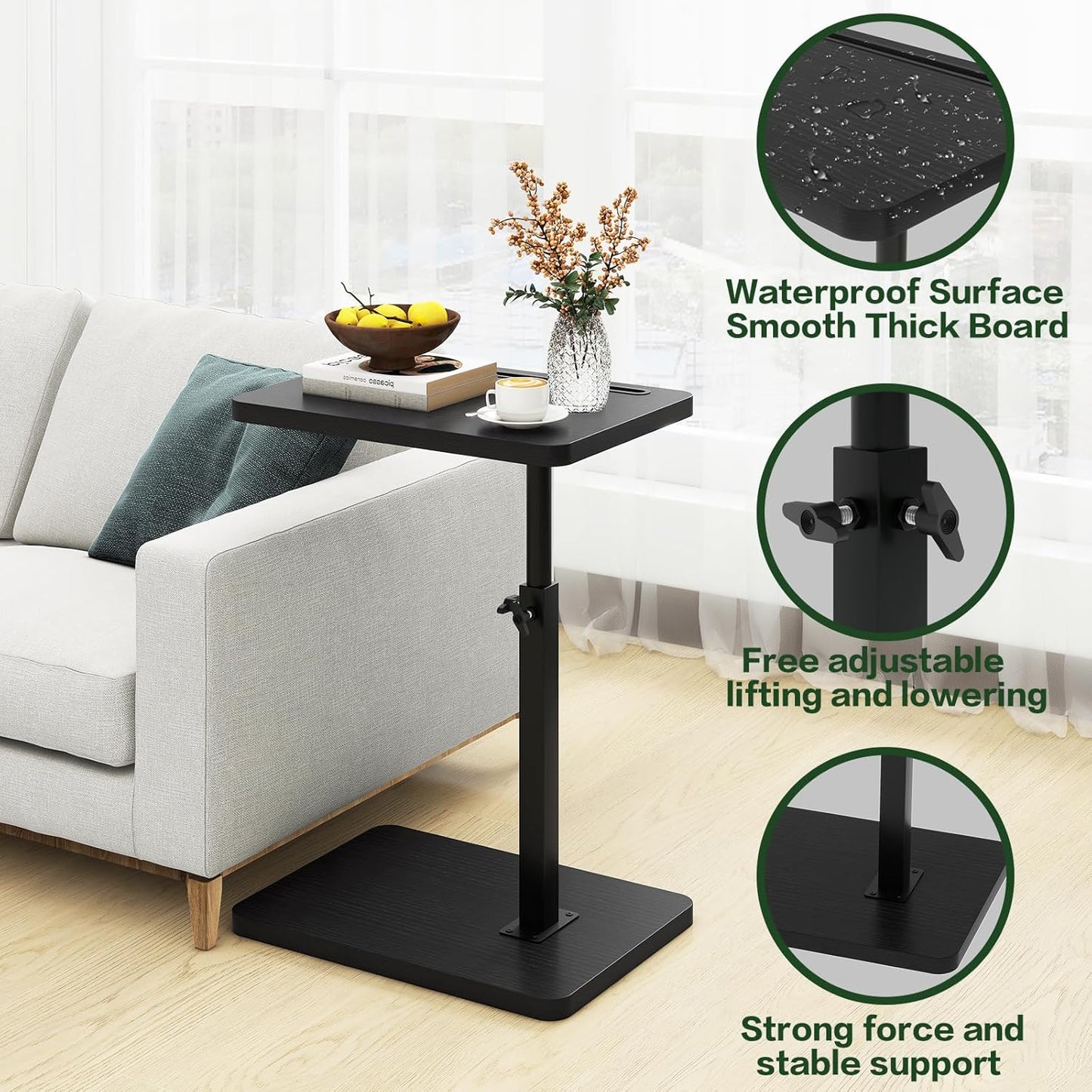 IBUYKE C Shaped Side Table, 360° Swivel Height Adjustable End Table for Small Spaces, with Phone & Tablet Slot, Modern Small Coffee Snack Table for Sofa/Bed, Black UTVT003B