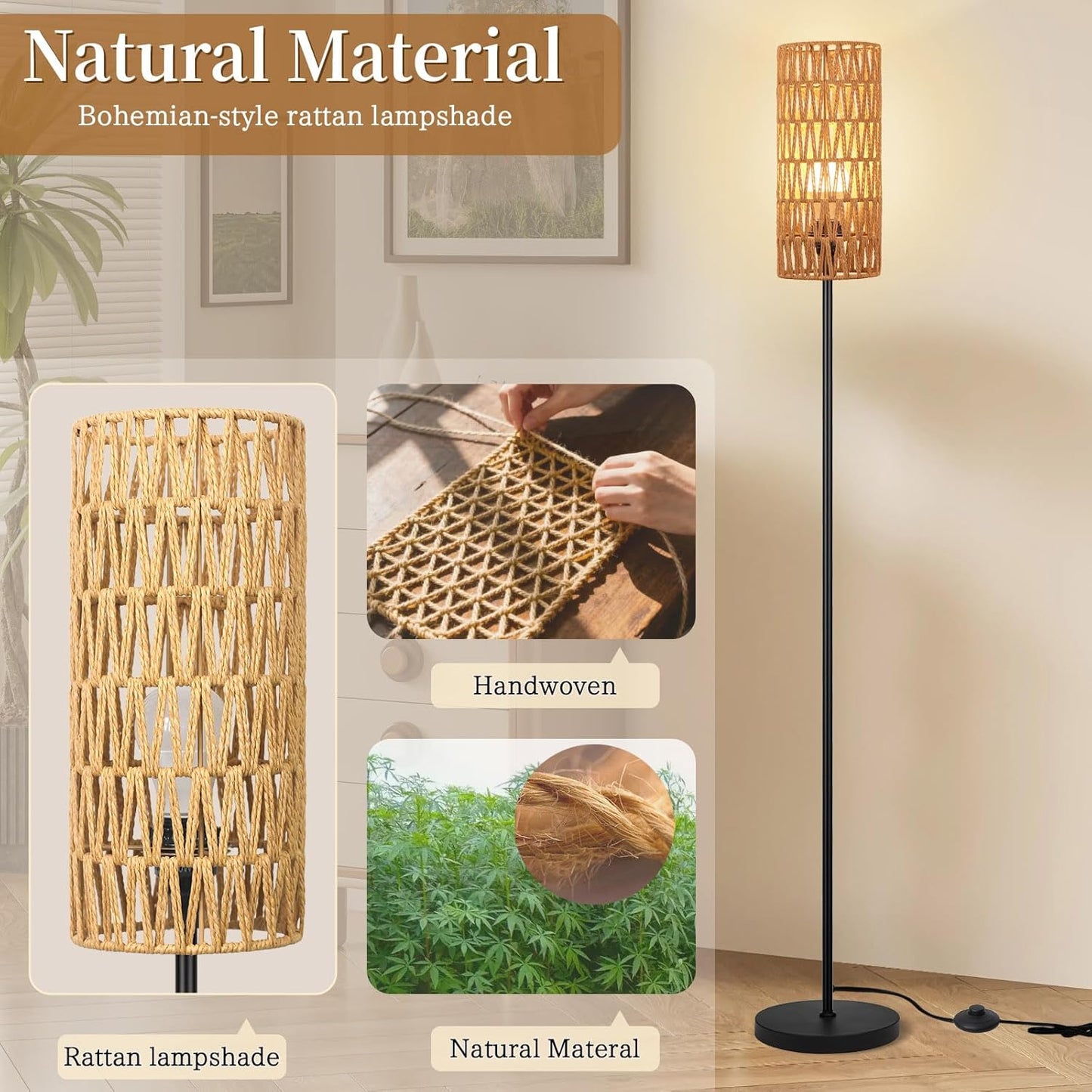 Floor Lamp for Living Room,Farmhouse Rattan Floor lamp,Modern Standing lamp with Hand-Worked Rattan Shade,Black Tall Lamp with Foot Switch for Bedroom,Kids Room,Office,LED Bulb is Included.