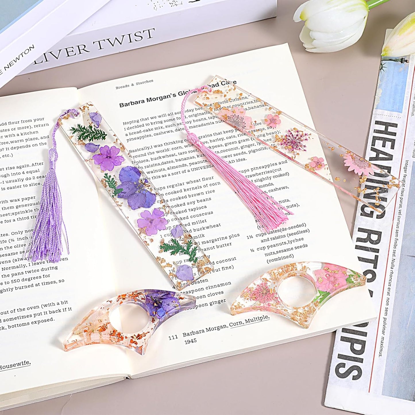 4 Pack Dried Flower Resin Bookmarks Book Lover Gifts Handmade Bookmarks with Tassel Transparent Floral Book Page Holder and Books Mark Set for Reading Lover Students Teachers