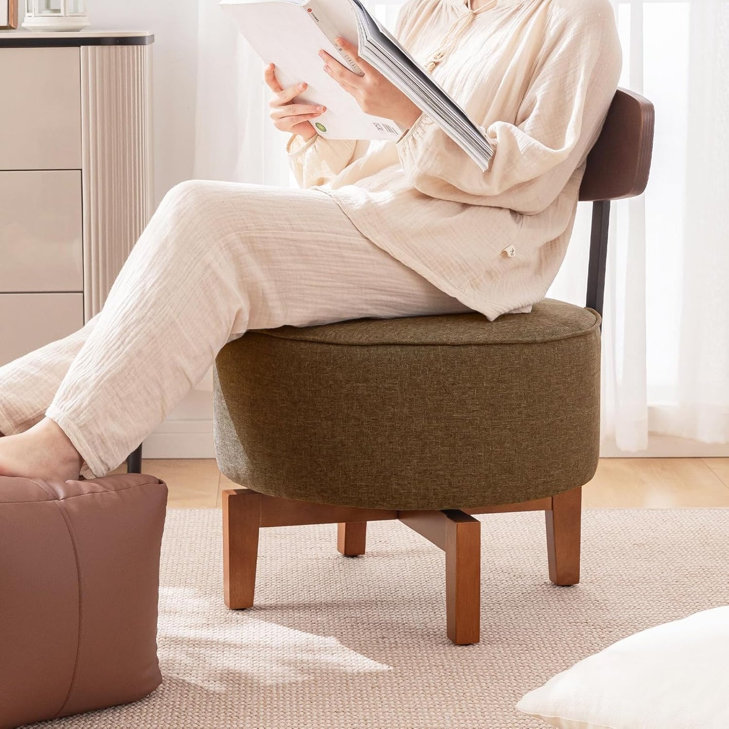 Swivel Accent Chair Living Room Chair with Back, upholstered Wood mid Century Modern Chair for Bedroom Office, Linen Brown