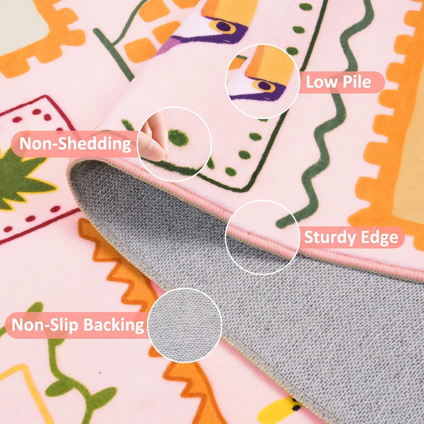 Instellar Kid's Rug for Playroom-8x10 Washable Non Slip Low Pile Area Rug,Cute Animal & Plant Patterns Carpet for Bedroom,Study,Classroom（Light Pink）