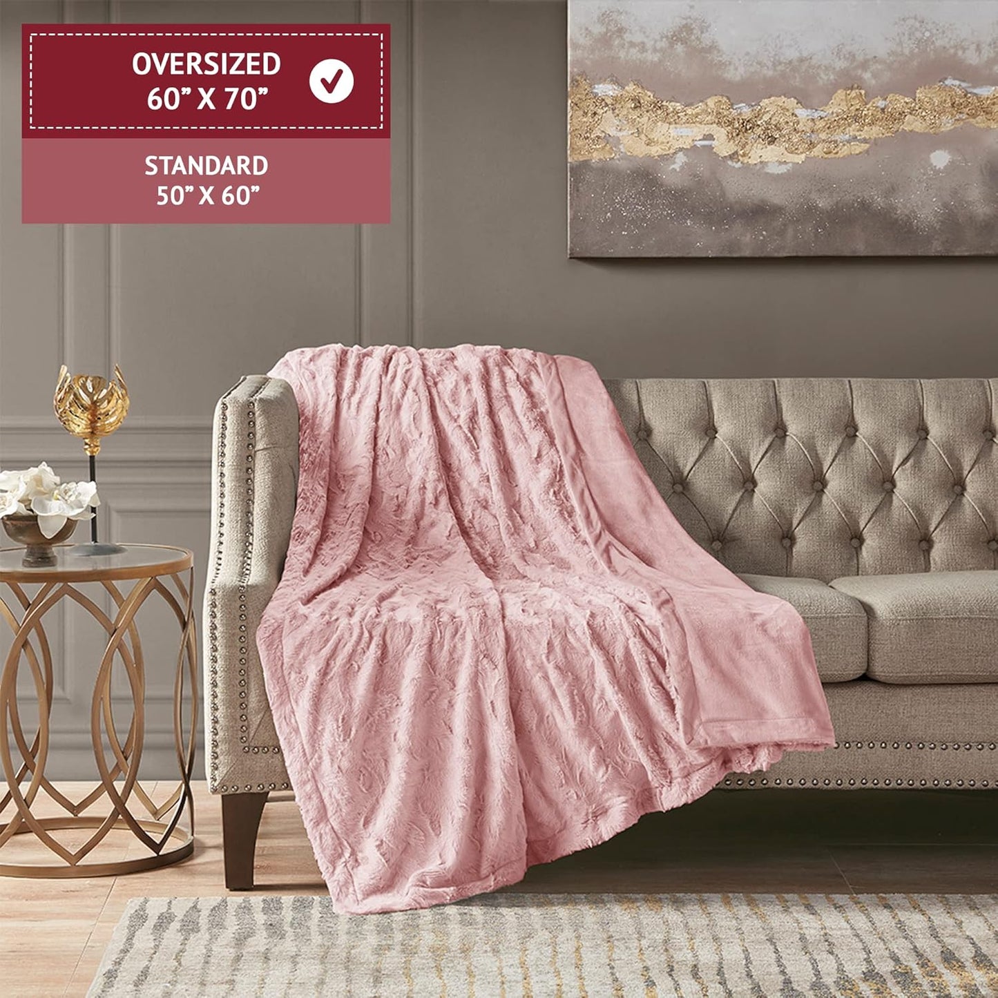 Madison Park Zuri Soft Plush Luxury Oversized Faux Fur Throw Animal Stripes Design, Faux Mink On The Reverse, Modern All Seasons Blanket for Bed, Sofa Couch, Office, Blush, 60x70