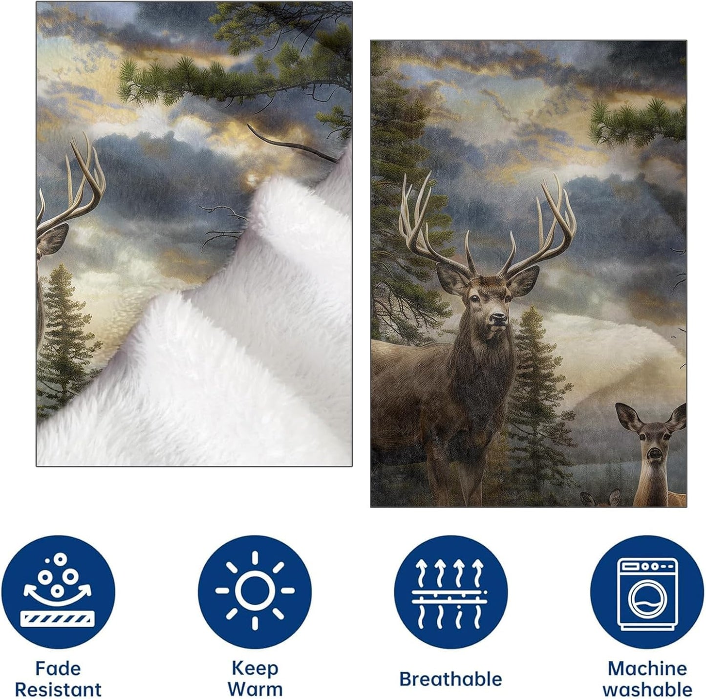 Wilderness Deer Flannel Throw Blanket 50x60 Inch, Realistic Animal in Mountain Forest at Sunset Blankets Soft Cozy Fleece Throws for Wildlife Lover Bed Sofa Dorm Living Room Decor Gifts
