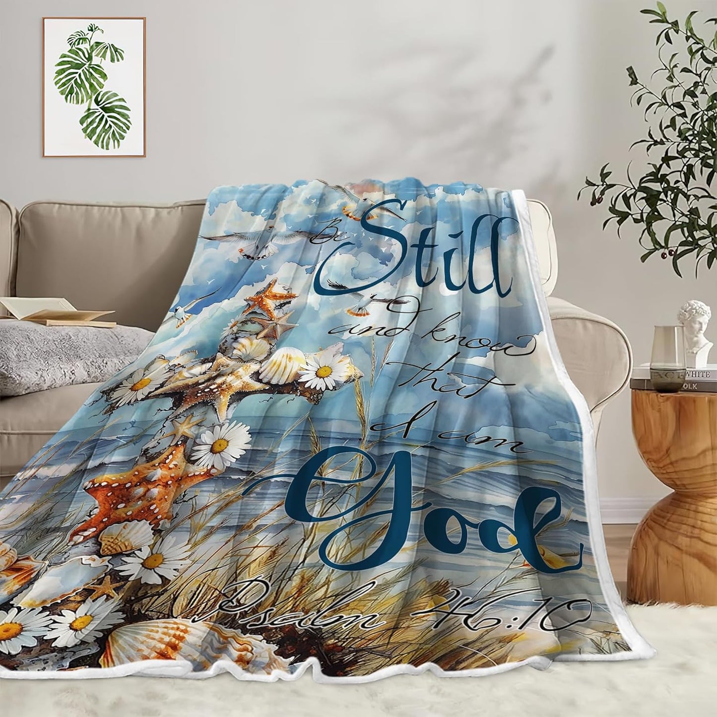 Christian Nautical Coastal Blanket , Bible Verse Inspirational Thoughts Christian Religious Men Women Throw Blankets, Birthday Starfish Seashell Coral Beach Cozy Sofa Couch Bed Room Decor 60X80in