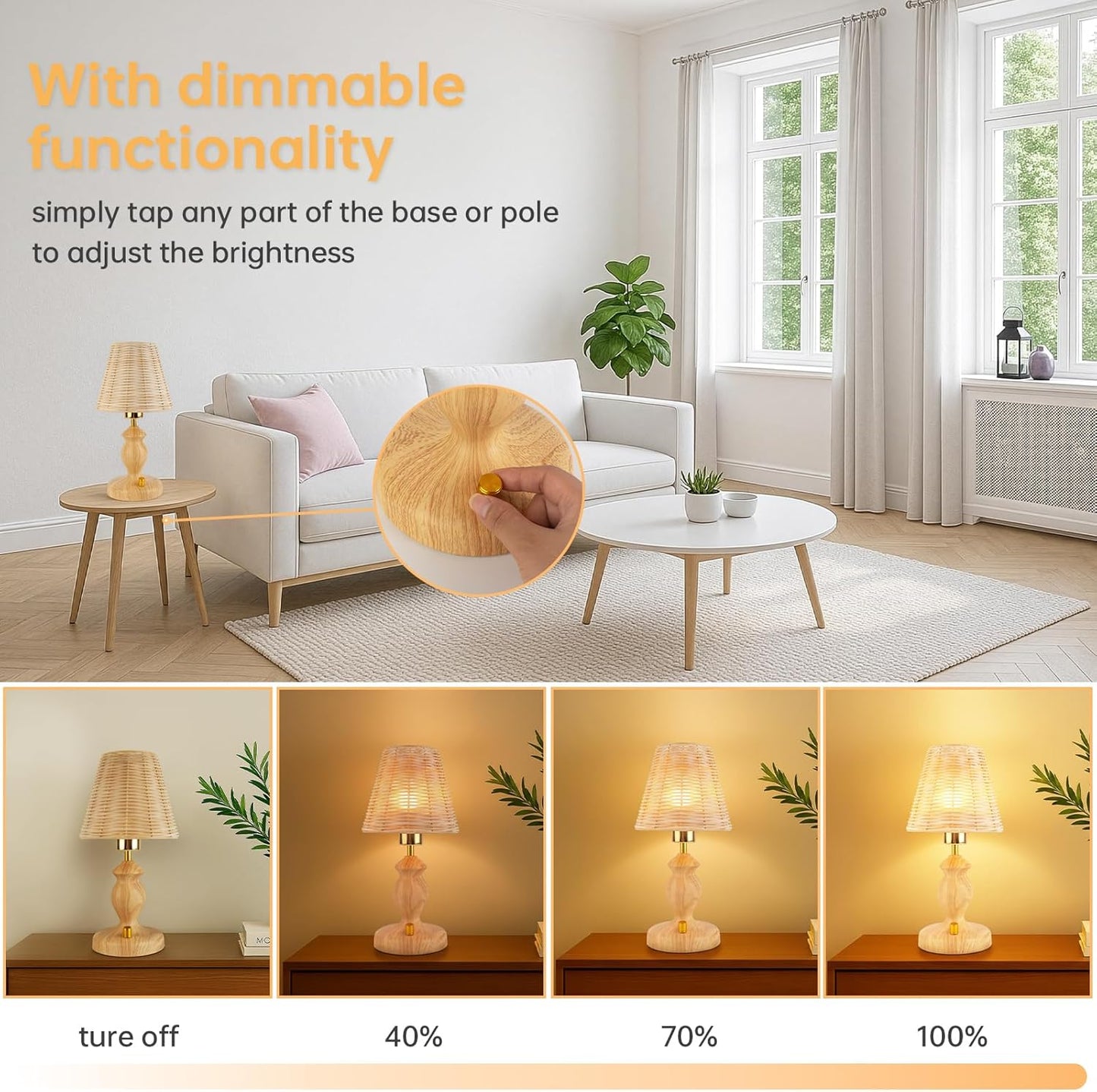 Rattan Table Lamp with Knob Switch, Seamless Dimming Bedside Lamp Wood Base, Small Nightstand Lamp for Bedroom, E26 Bulb Included
