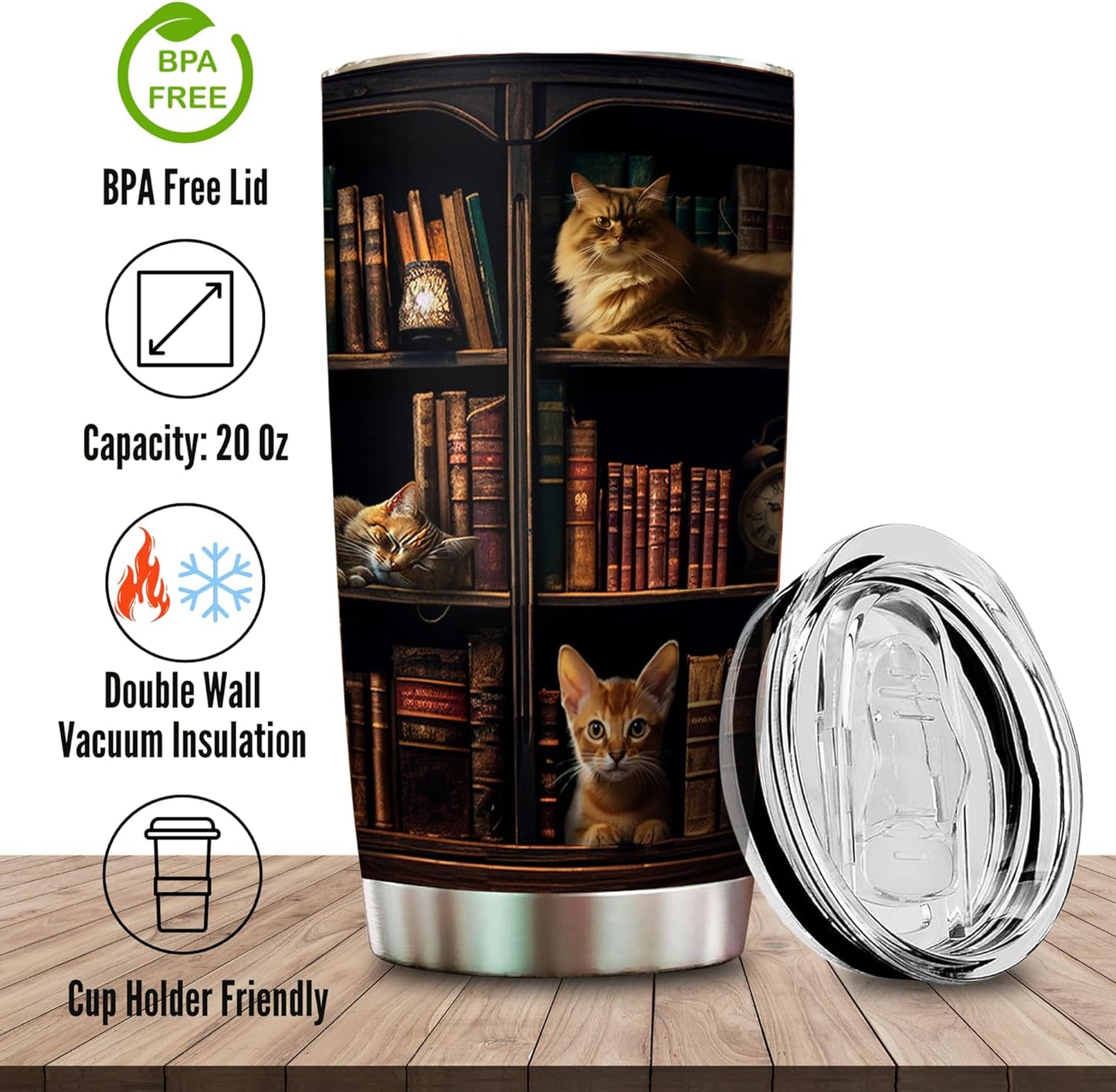 2IMT Cat Book Tumbler Library Travel Mug Book Gifts For Book Lovers For Cat Lovers Women - Bookish Gift For Readers - Reading Mug Bookish Mugs Stainless Steel Tumbler 20oz with Lid