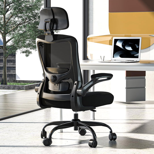 Ergonomic Office Chair, High Back Mesh Desk Chair with Adjustable Lumbar Support & Headrest, Flip-up Armrest, Computer Task Chairs for Home and Executive Office (B-Black)