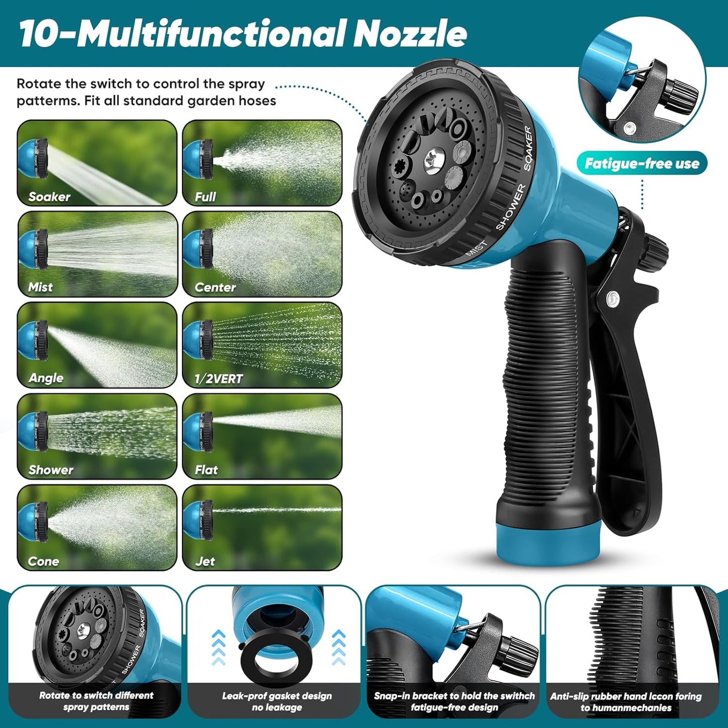 Garden Hose 100FT Non-Expanding, Lightweight Hose With 10-Function Nozzle, Leak-Proof, No-Knot, Easy to Carry, Wear-Resistant, Sturdy 3/4GHT Flexible Water Hose for Yard Garden Outdoor