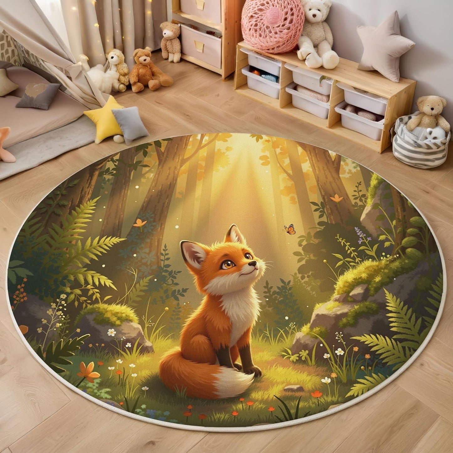 Sunshine Fox Grass Round Rugs 6Ft, Cute Animals Round Living Room Area Rug, Washable Large Soft Circle Rug for Bedroom, Non Slip Ultra Thin Floor Carpet for Dining Room, Forest Green