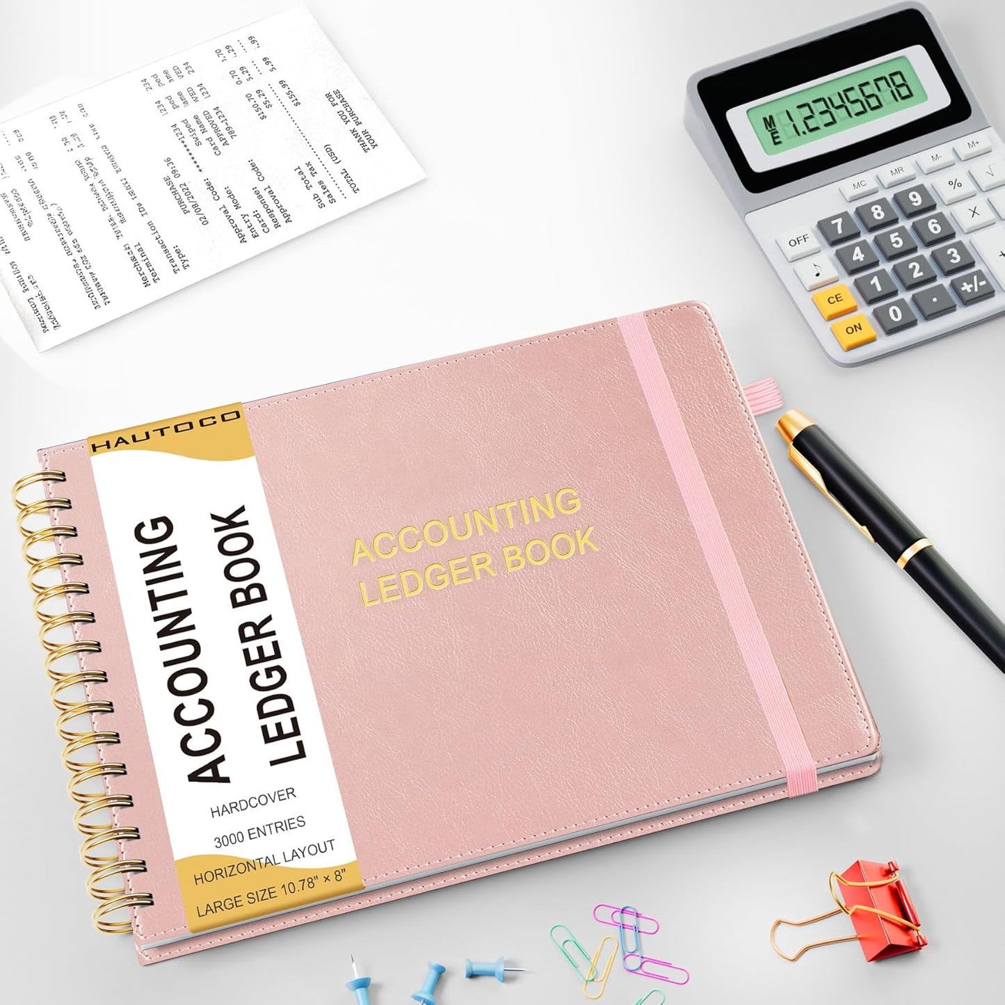 HAUTOCO Hardcover Accounting Ledger Book for Small Business Bookkeeping Horizontal Money Expense Tracker Notebook with 2 Storage Pouch, Personal Columnar Log Journal 10.78 x 8'', Rose Gold