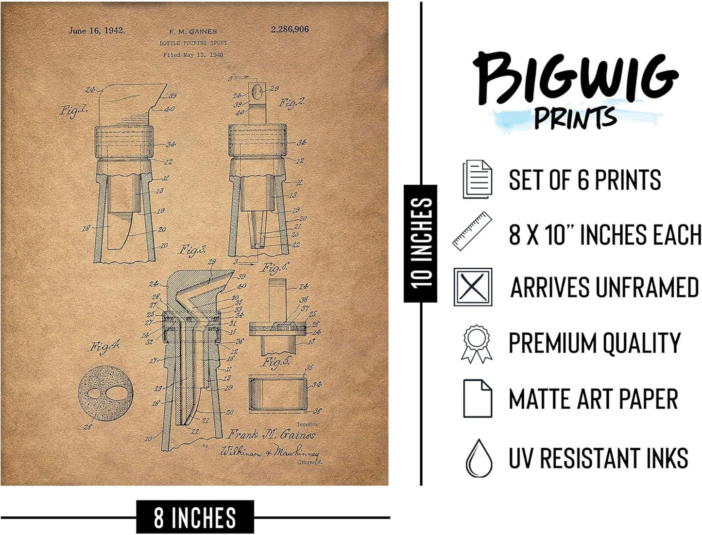 BigWig Prints Whiskey Patent Wall Decor - Bar Art for Home, Whiskey Decor, Bourbon Wall Artwork for Home, Vintage Alcohol Poster, Bar Cart Art - Unframed Set of 6 (8x10”)