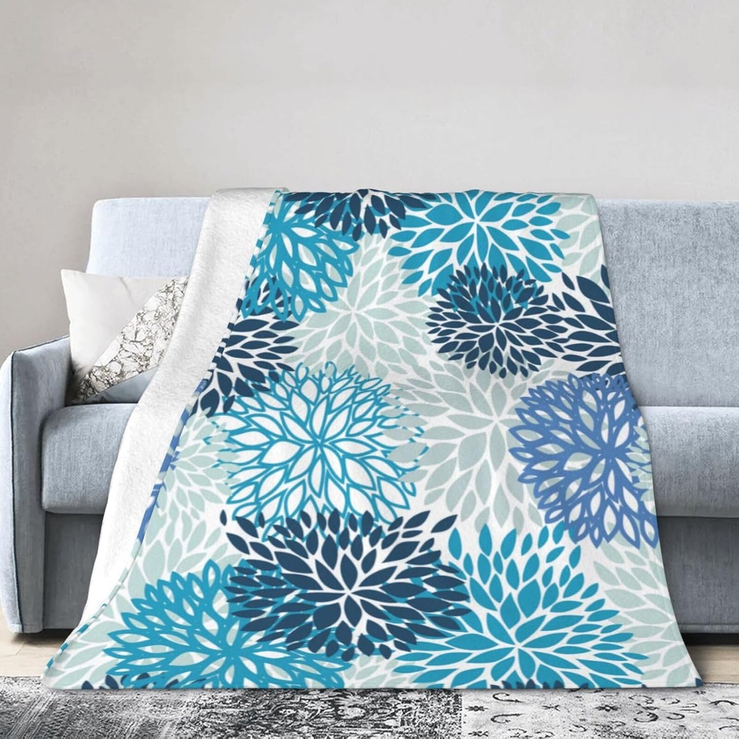 Blue Navy Chrysanthemum Flowers Bed Blanket Ultra Soft Throw Blanket All Season Warm Light Weight Cozy Plush Blankets for Home Bedroom Sofa Chair Travel, 60"X80"