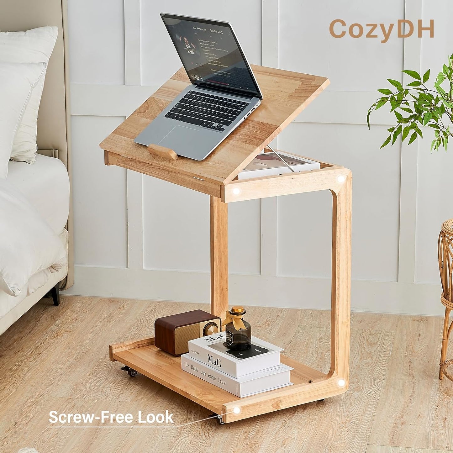 Couch Tables That Slide Under - C Shaped End Table for Couch, Wooden Side Table for Sofa, Small Sofa Arm Tray Desk, Rolling Side Table with Wheels for Laptop/Living Room/Bedroom, Natural
