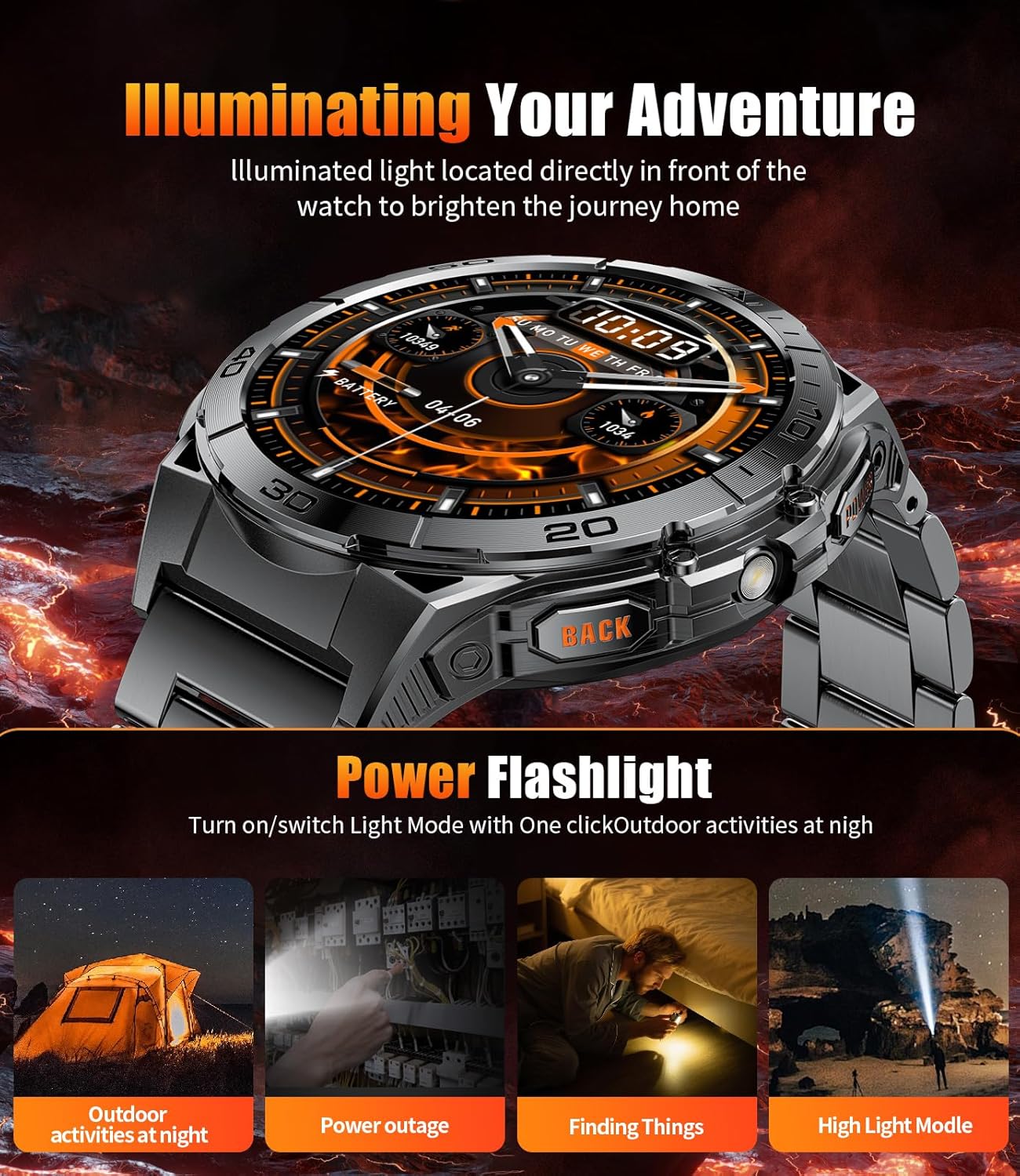 Smart Watches for Men with Flashlight,1.6" AMOLED Always on Display Outdoor Sports Smartwatch with 111 Sports modes ,Heart Rate/Sleep Monitor IP68 Waterproof Fitness Tracker for Android iOS,2 Straps