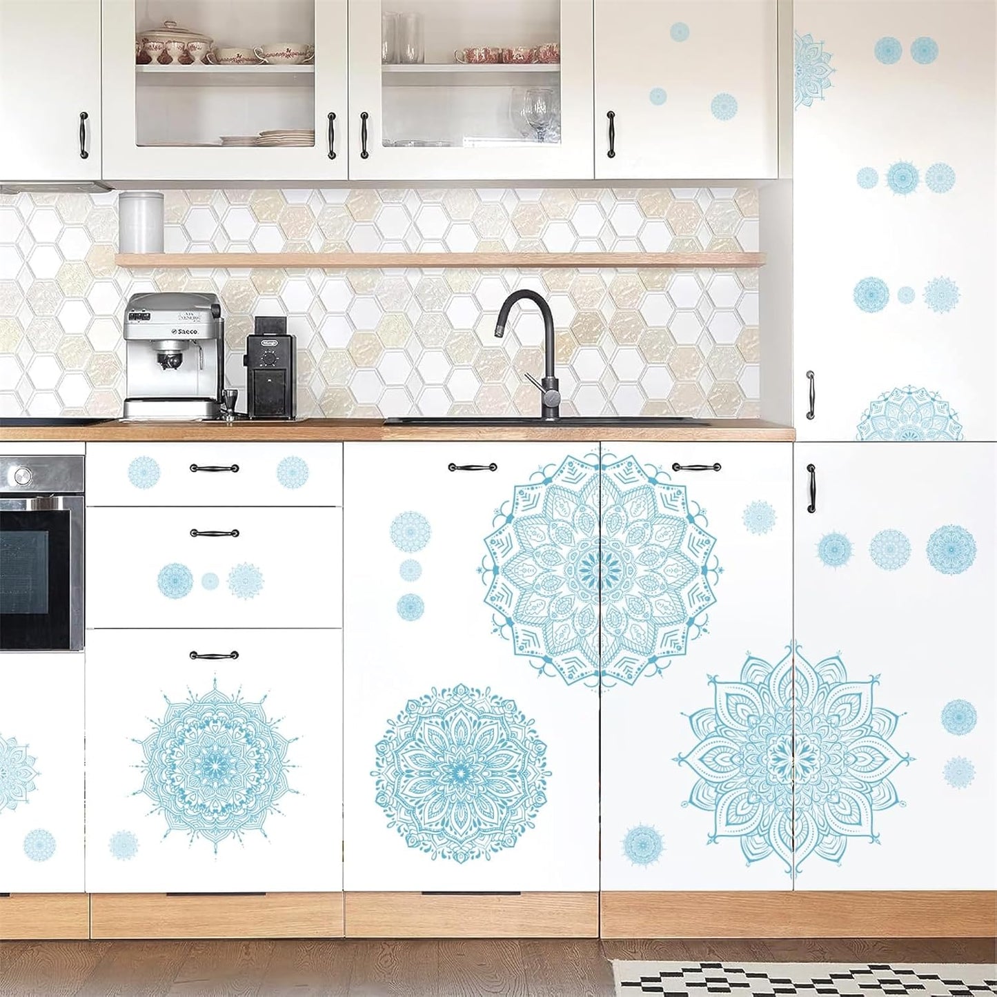 Blue Mandala Wall Stickers Large Mandala Wall Decals Peel and Stick Lotus Flower Stickers Headboard Art Decoration Modern Blue Art Decals for Living Room Bedroom Yoga Decor