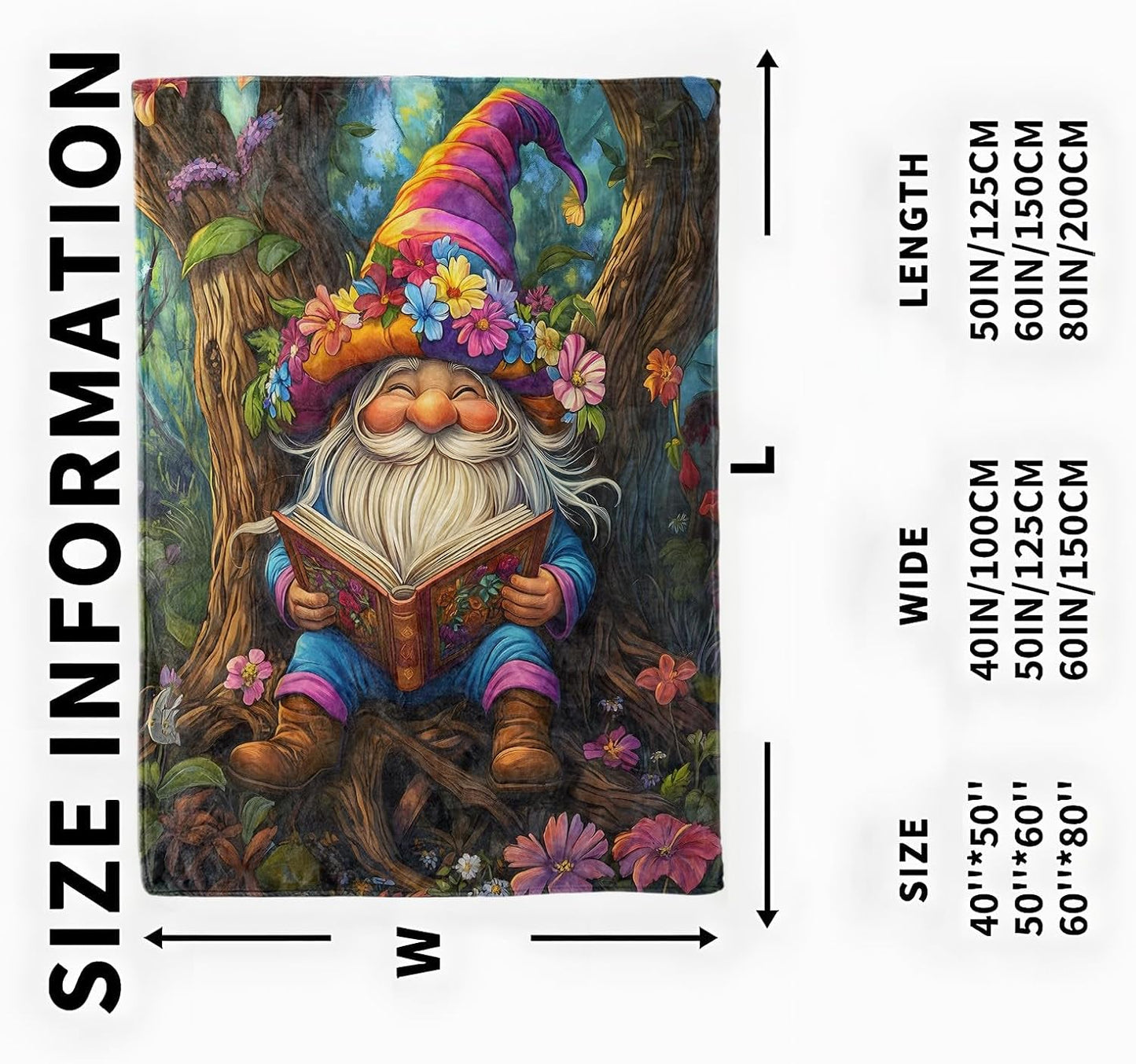 Reading Gnome Blanket, Cozy Flannel Gnome with Flower Hat Throw Blanket, Soft Fuzzy Blankets for Travel Home Decor, All Season Lightweight Couch Bed Cover, Gifts for Women Adults Kids 50"×60"