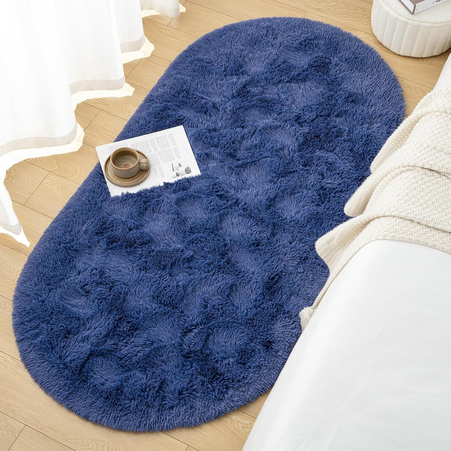 Fluffy Bedroom Rug, Small Oval Area Rugs, Light Navy Shag Bedside Carpet for Kids Room Nursery Dorm Cute Fuzzy Indoor Decor for Boy and Girl, 2.6 x 5.3 Feet