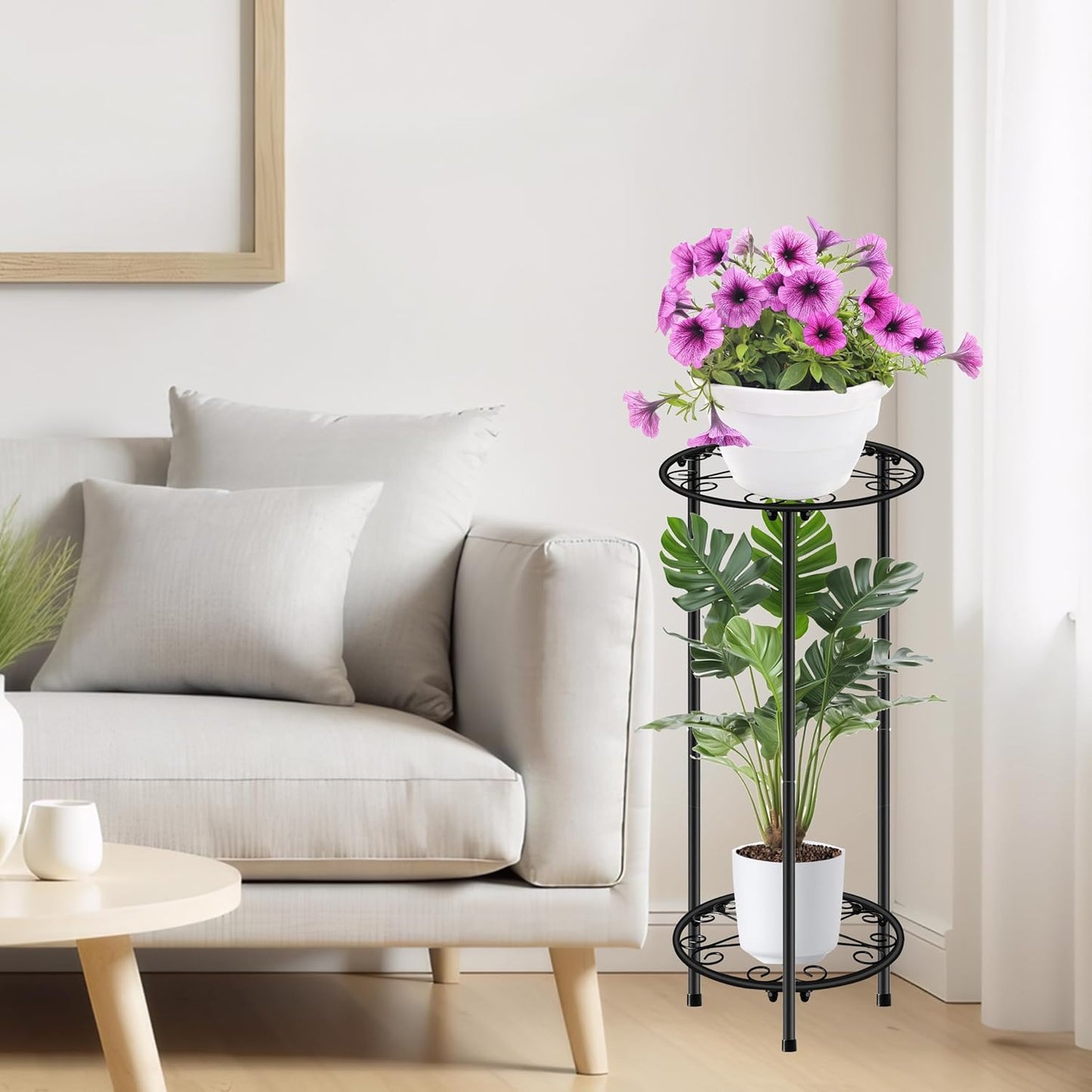 CASIMR Plant Stand Indoor Outdoor, Metal Rustproof Flower Shelf 2 Tier 23.9 inch, Tall Multiple Plant Pot Holder Rack for Garden Patio Living Room Corner Balcony, Black