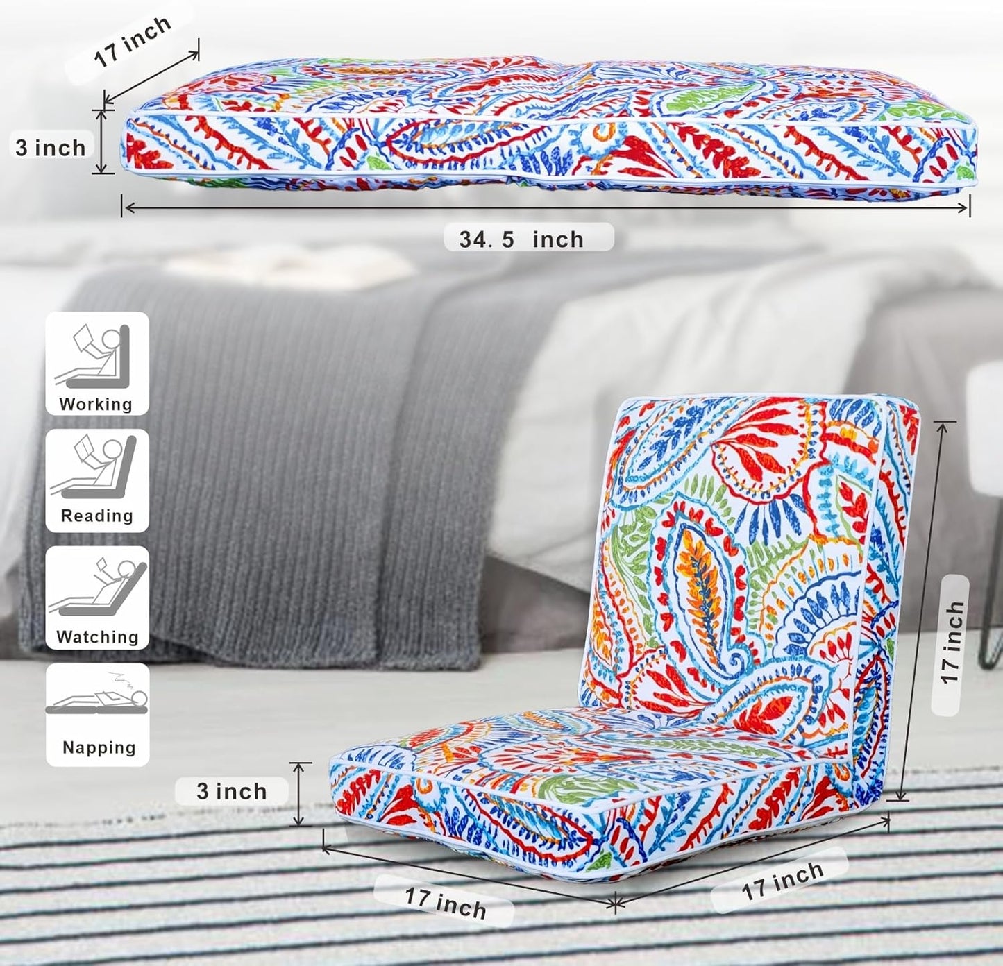 JMGBird Floor Chair with Back Support - Adjustable 5-Position Gaming Chair, Waterproof Paisley Pattern, Indoor Outdoor Meditation Cushion