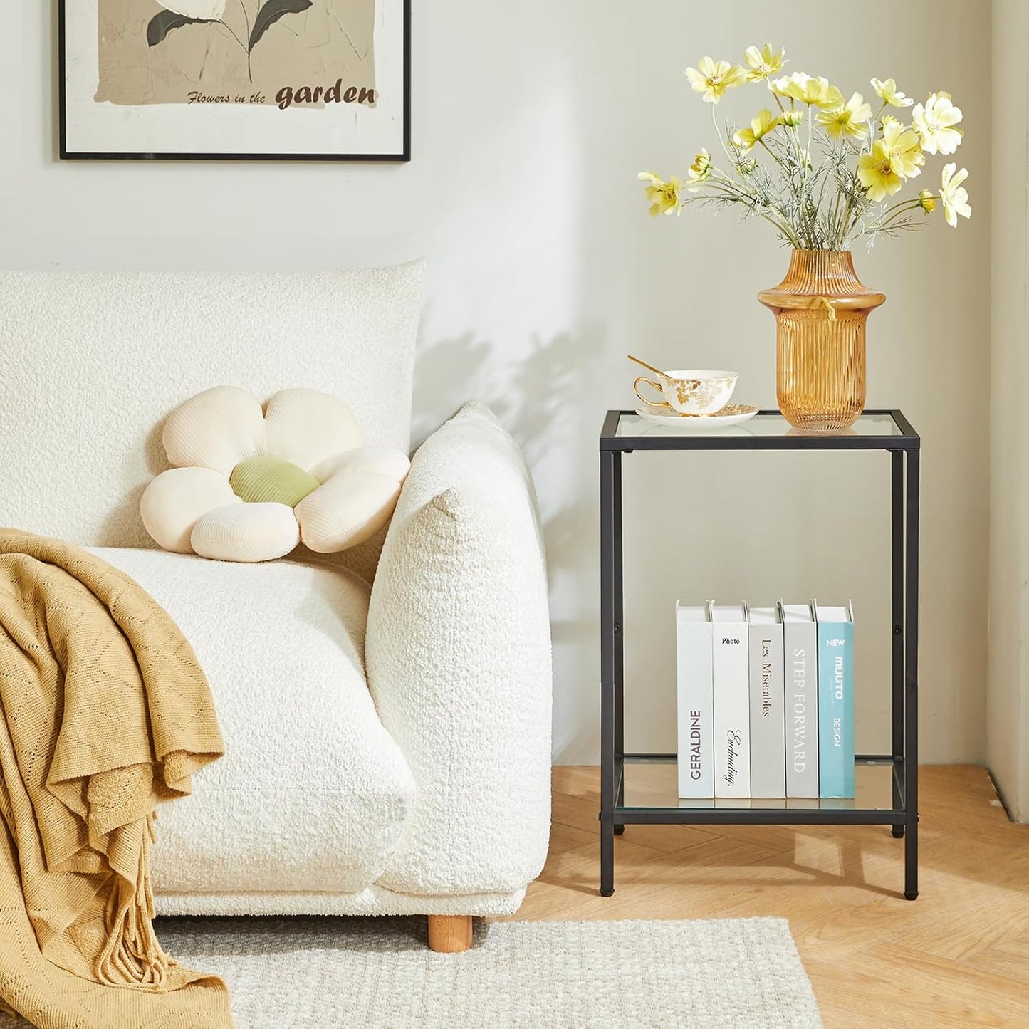 YMYNY Tempered Glass Side Table, 2 Tier End Table with Storage Shelves, Narrow Bedside Table, for Small Space in Living Room, Bedroom,Black, UHGD002B