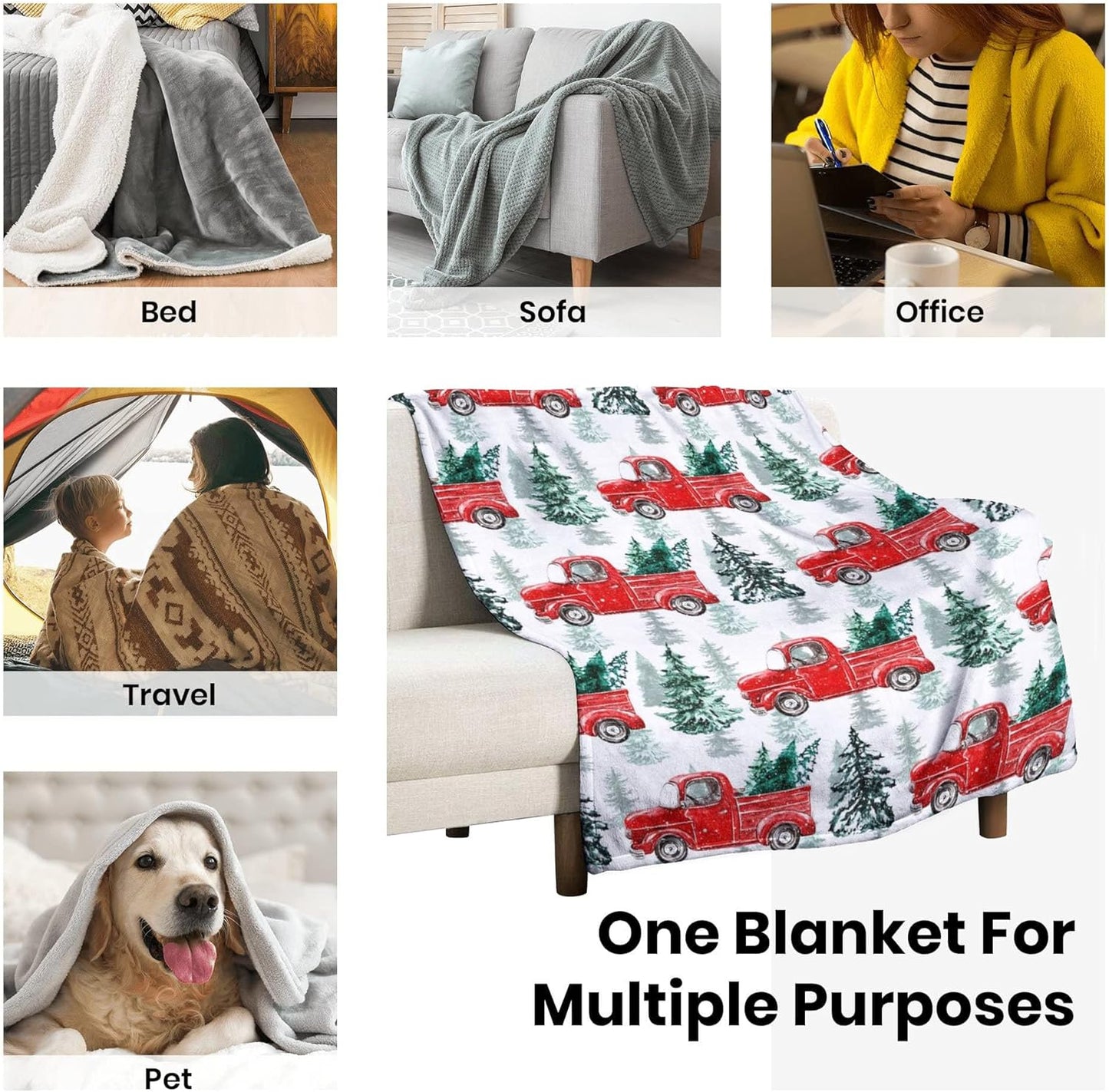Christmas Throw Blanket Country Rustic Red Truck with Tree Design Blanket Soft Cozy Fuzzy Flannel Throw Blankets for Couch Bed Sofa Christmas Living Room Decor Blankets Gifts for All Season 50x60 Inch