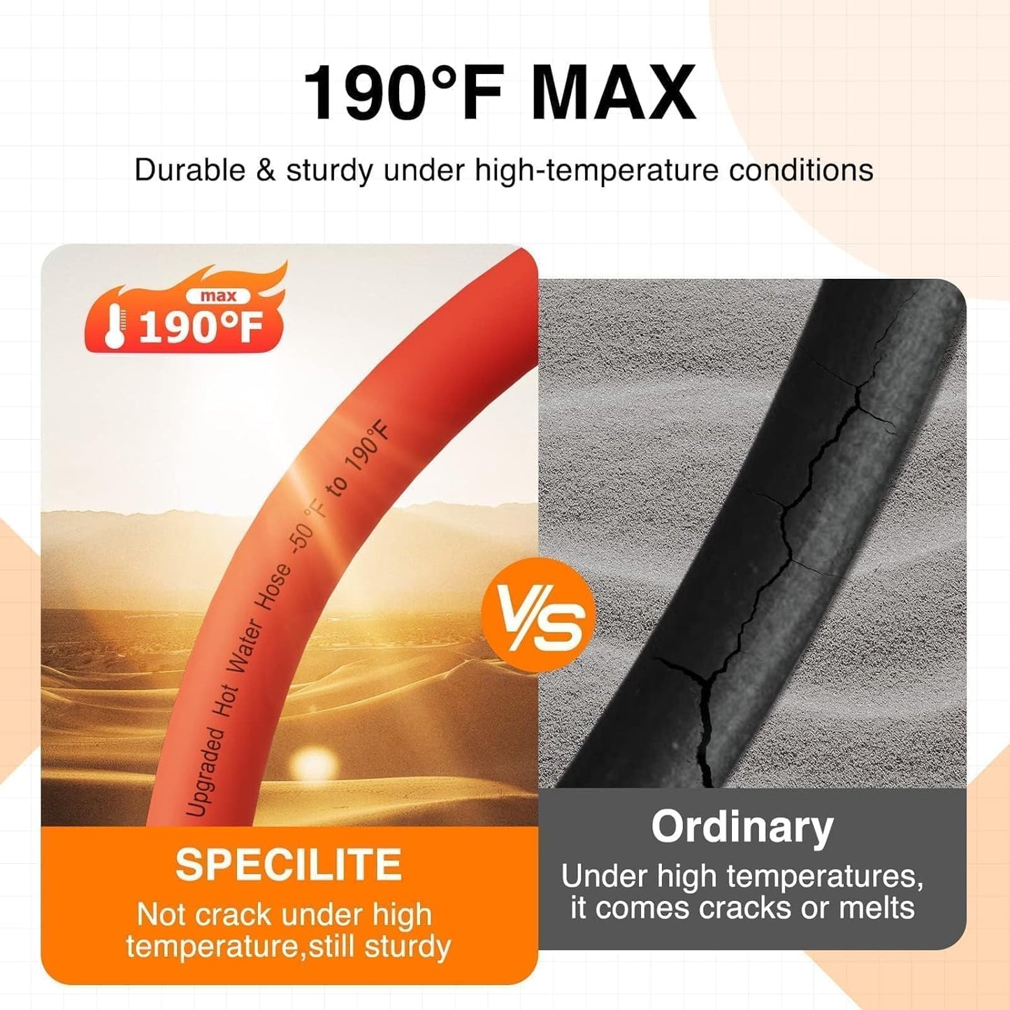 SPECILITE 5/8" Hot/Cold Rubber Garden Water Hose 50 ft, -50℉-190℉, 200psi Working, 600psi Burst, Flexible & Lightweight With 3/4" Brass Fittings for Yard, Outdoor, Farm, Agriculture, Construction, Red