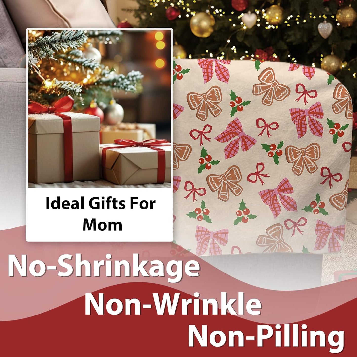 Pink Christmas Bow Flannel Throw Blanket, Xmas Coquette Ribbon Holly Berries Preppy Birthday Gifts for Kids Men Women, Winter Holiday Soft Blankets for Bedding Sofa 50 x 60 Inches