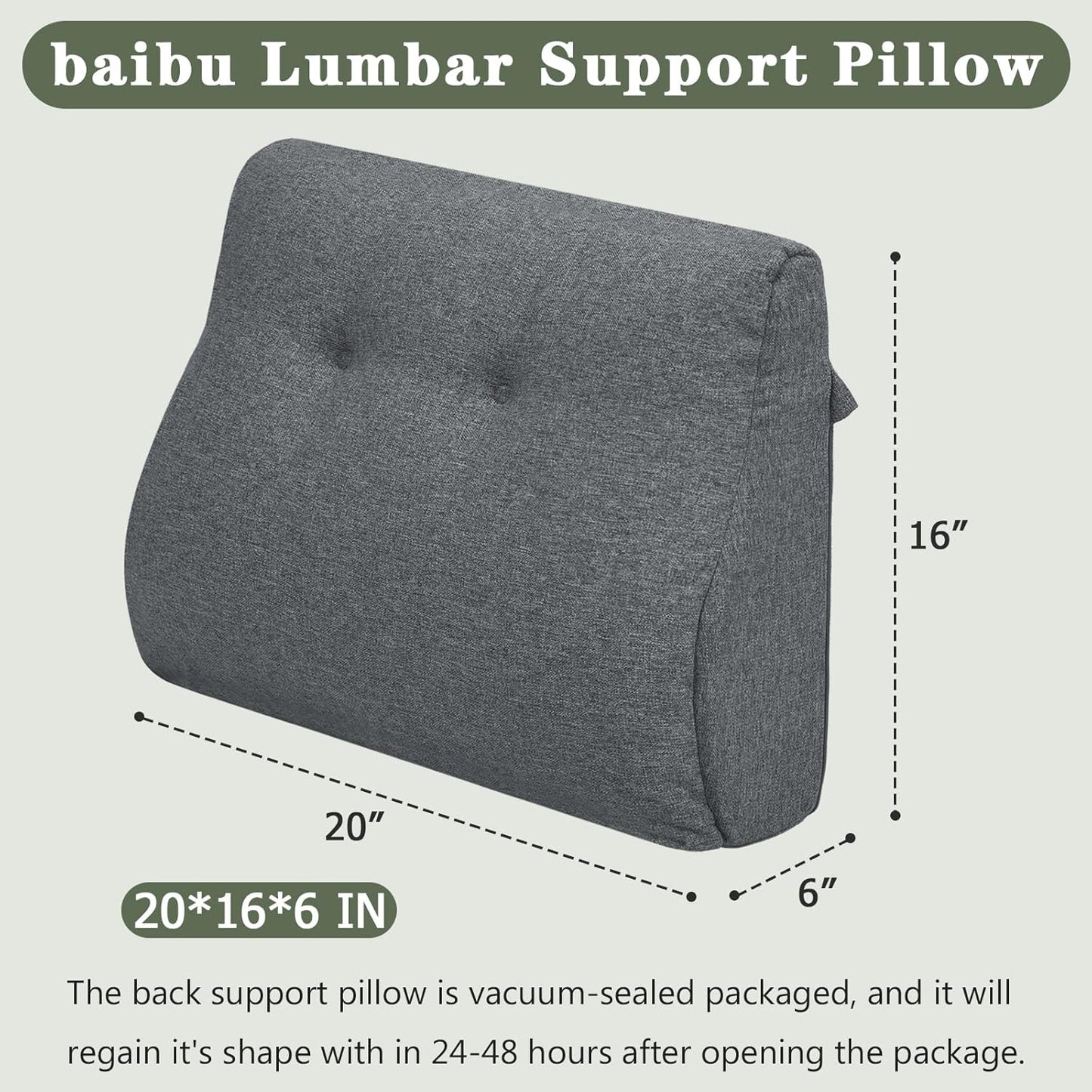 baibu Lumbar Support Pillow for Recliner, Large Memory Foam Dual-Layer Patent Design Back Support Cushion for Sofa & Gaming Chair, Ergonomic Lumbar Pillow with Machine Washable Cover, Dark Grey, 1P