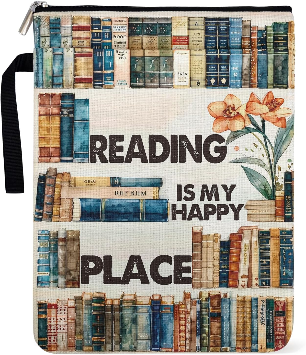 Reading is My Happy Place Book Sleeve for Book Lovers, Paperback Sleeve for Librarian Lovers Bookish Group Club Gifts for Women, Book Cover with Zipper and Front Pocket for paperbacks 9 x 12 Inch