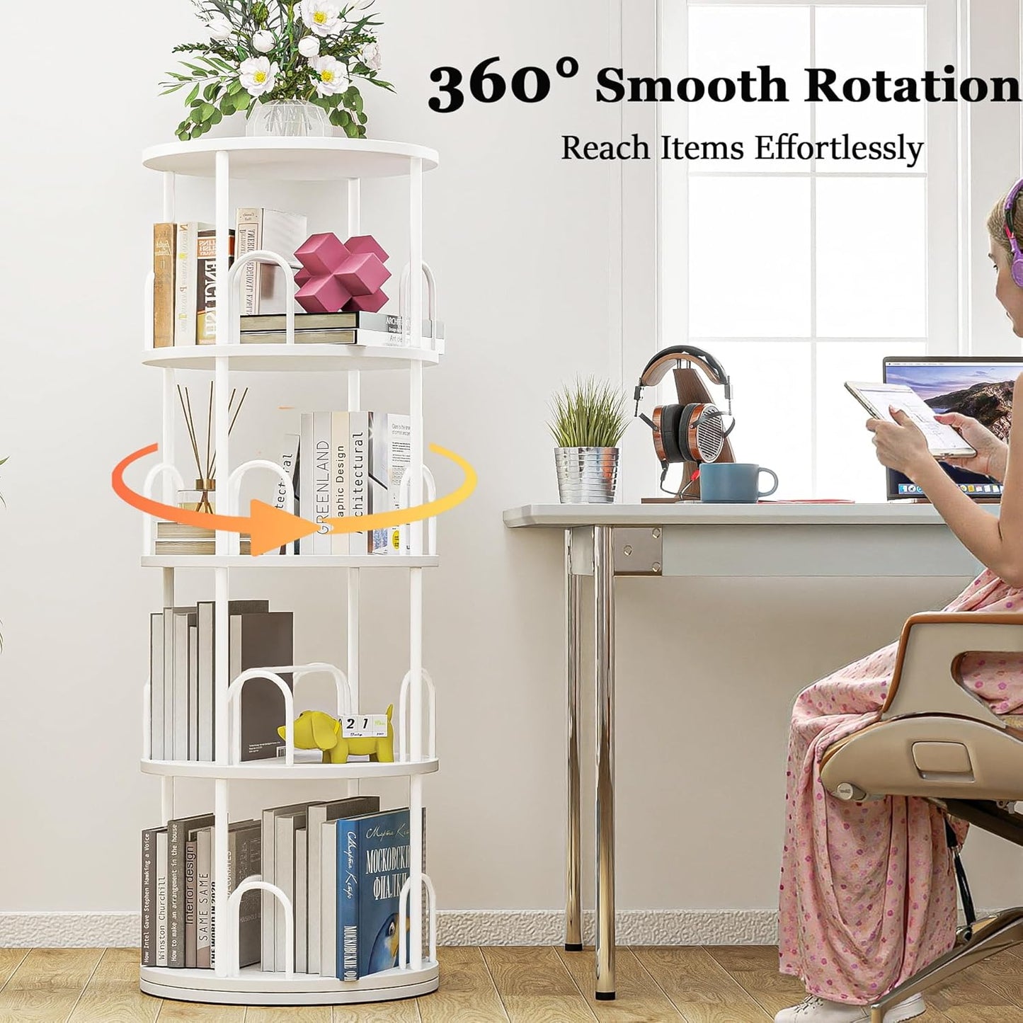 4 Tier Round Rotating Bookshelf Revolving Bookcase, 360° Spinning Book Shelf Tower for Kids, Narrow Rolling Bookshelves for Small Space, Corner, Bedroom, Office