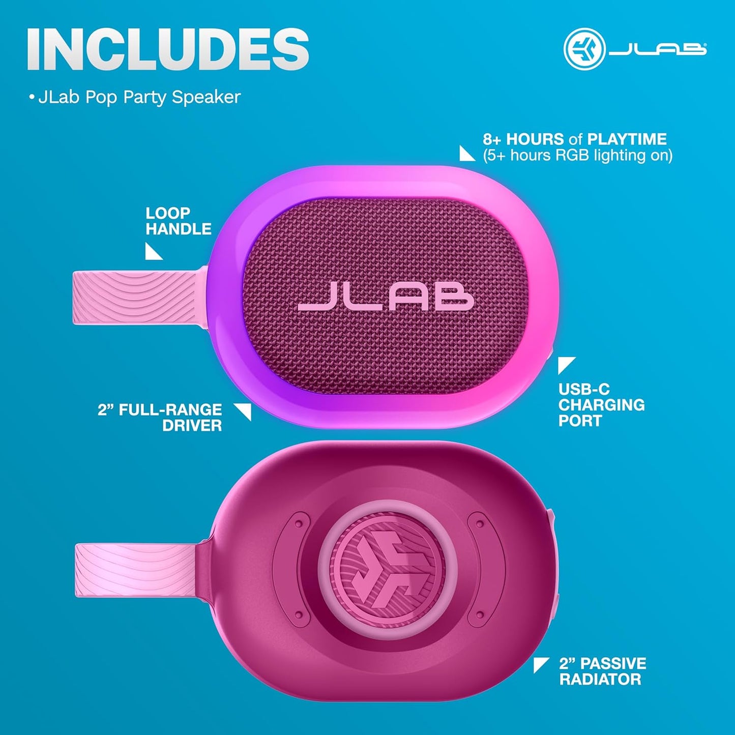 JLab Pop Party Portable Bluetooth Speaker, Mulberry, 8+ Hours of Playtime, IP55 Waterproofing, Detachable Loop Handle, Customizable RGB LED Lighting, Lab Sync Up to 100 Speakers, Custom Sound in-App
