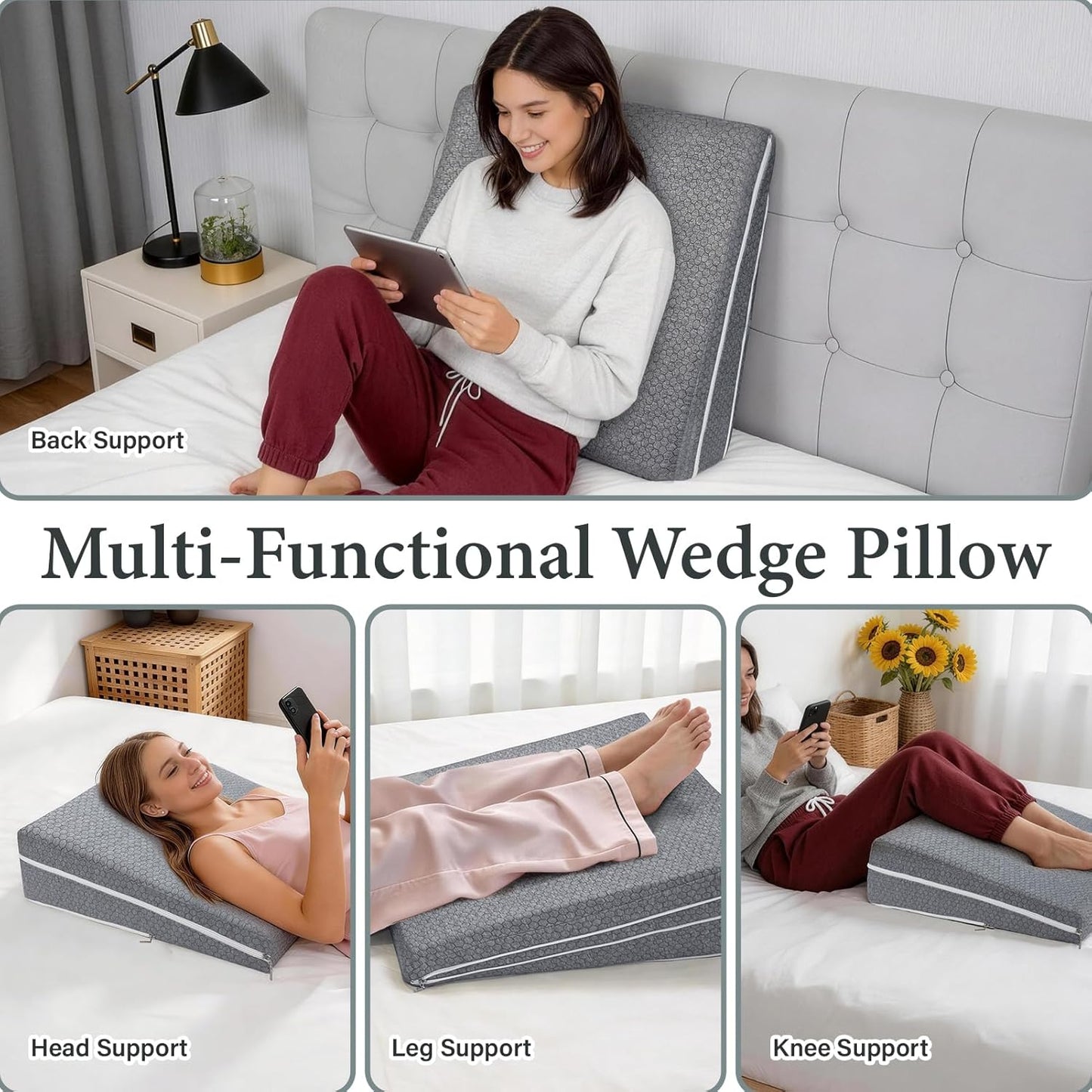Bed Wedge Pillow for Sleeping, Adjustable Ergonomic Elevated Pillow for Sleep Apnea Acid Reflux GERD Snoring After Surgery Recovery Pregnancy, Leg/Neck/Back Pain (Grey)