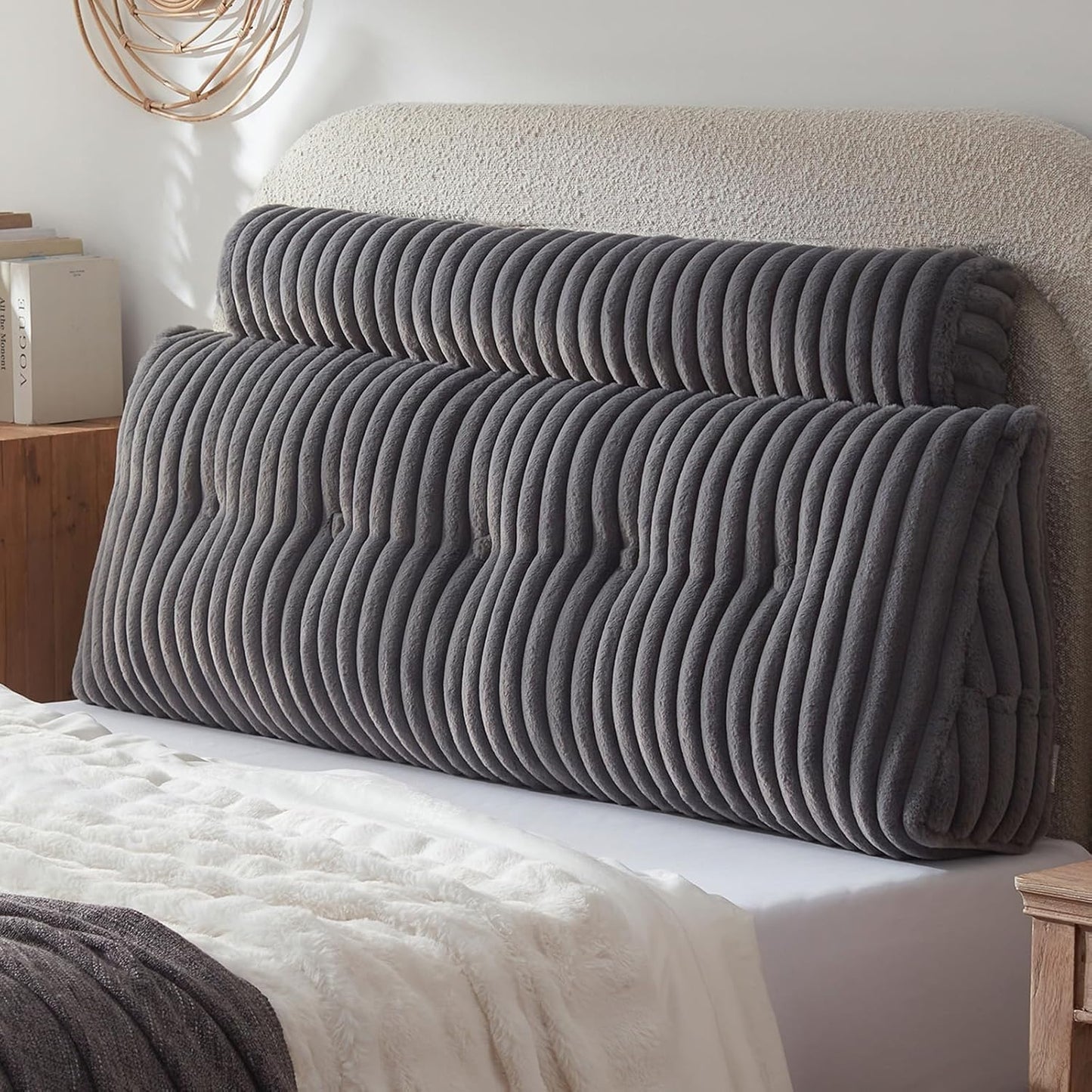 Headboard Pillow + A Long Neck Roll Pillow Body Pillow，Faux Fur Headboard Wedge Pillow with Removable Cover (Gray, Queen：59x8x20 inches)
