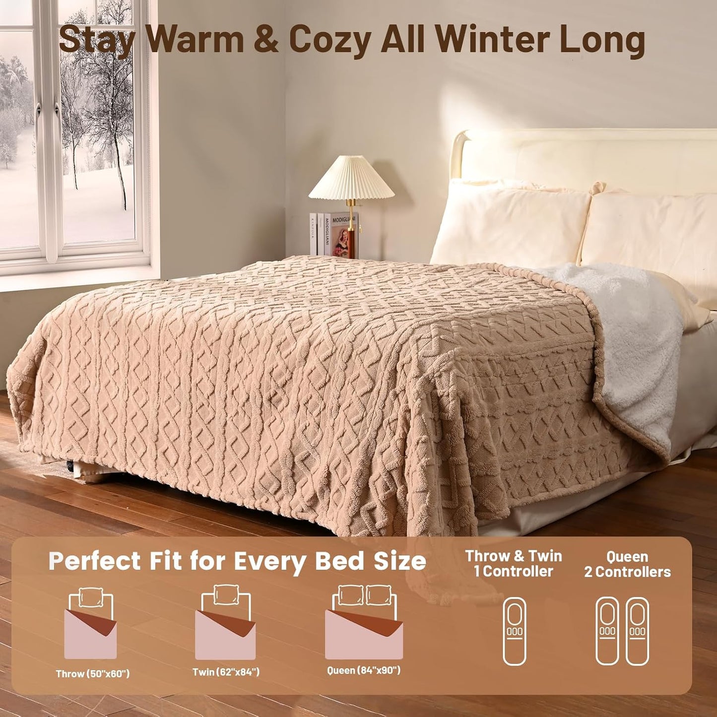 Heated Throw Blanket Electric 50"x60" - Soft Sherpa Throws with 9 Heat Levels and 1-10 Hour Timer, Machine Washable, Cozy Couch Blanket for Home & Office, Christmas & House Warming Gifts - Beige