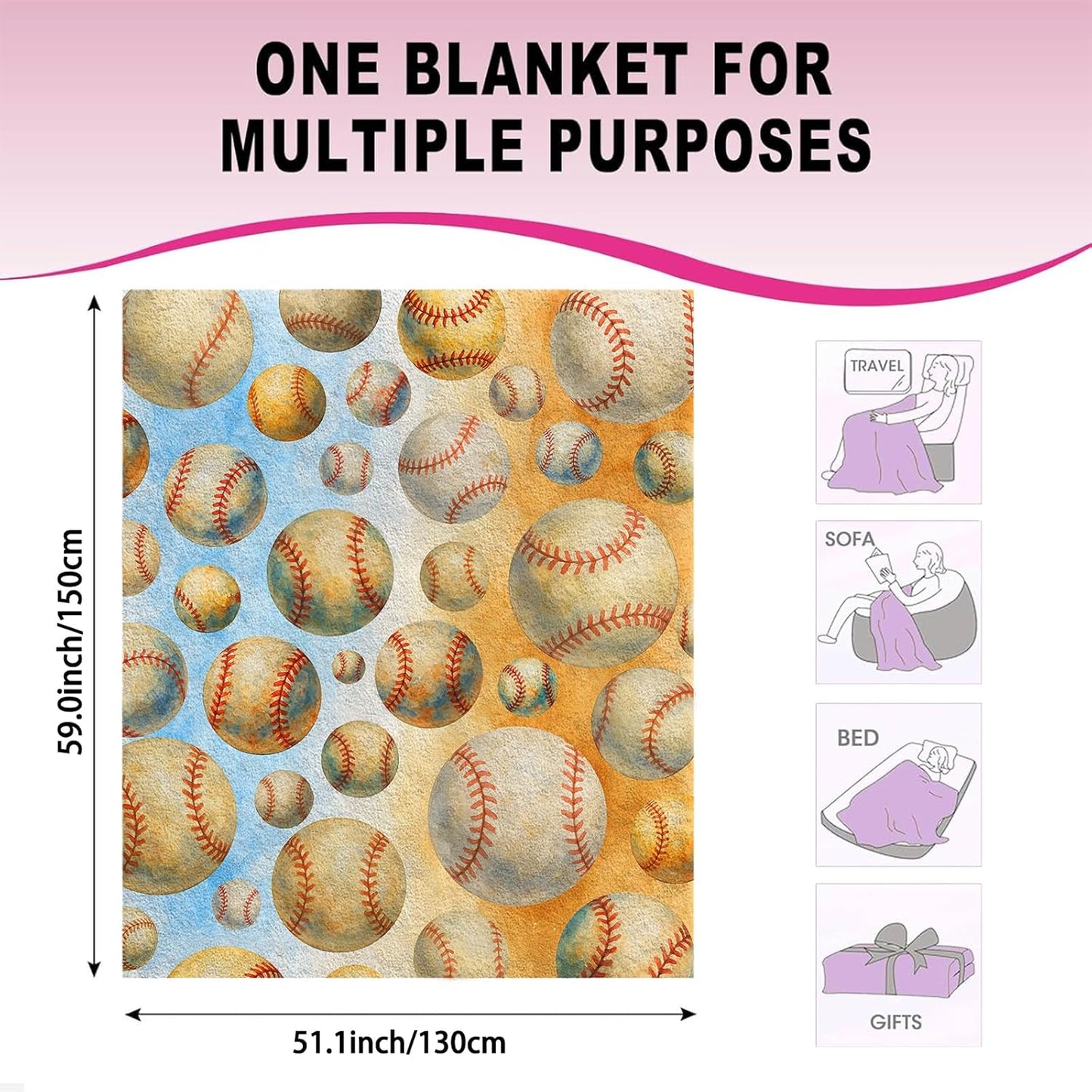 Baseball Throw Blanket 50x60 - Soft Flannel Fleece, Boys Sports Room Decor, Cozy Kids Couch & Bed Gift, Watercolor Red Stitching