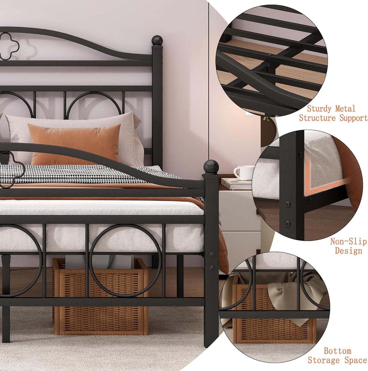 Twin Bed Frame with Headboard,Heavy Duty Steel Slats Support Mattress Foundation-Under Bed Storage, No Box Spring Needed, Noise Free