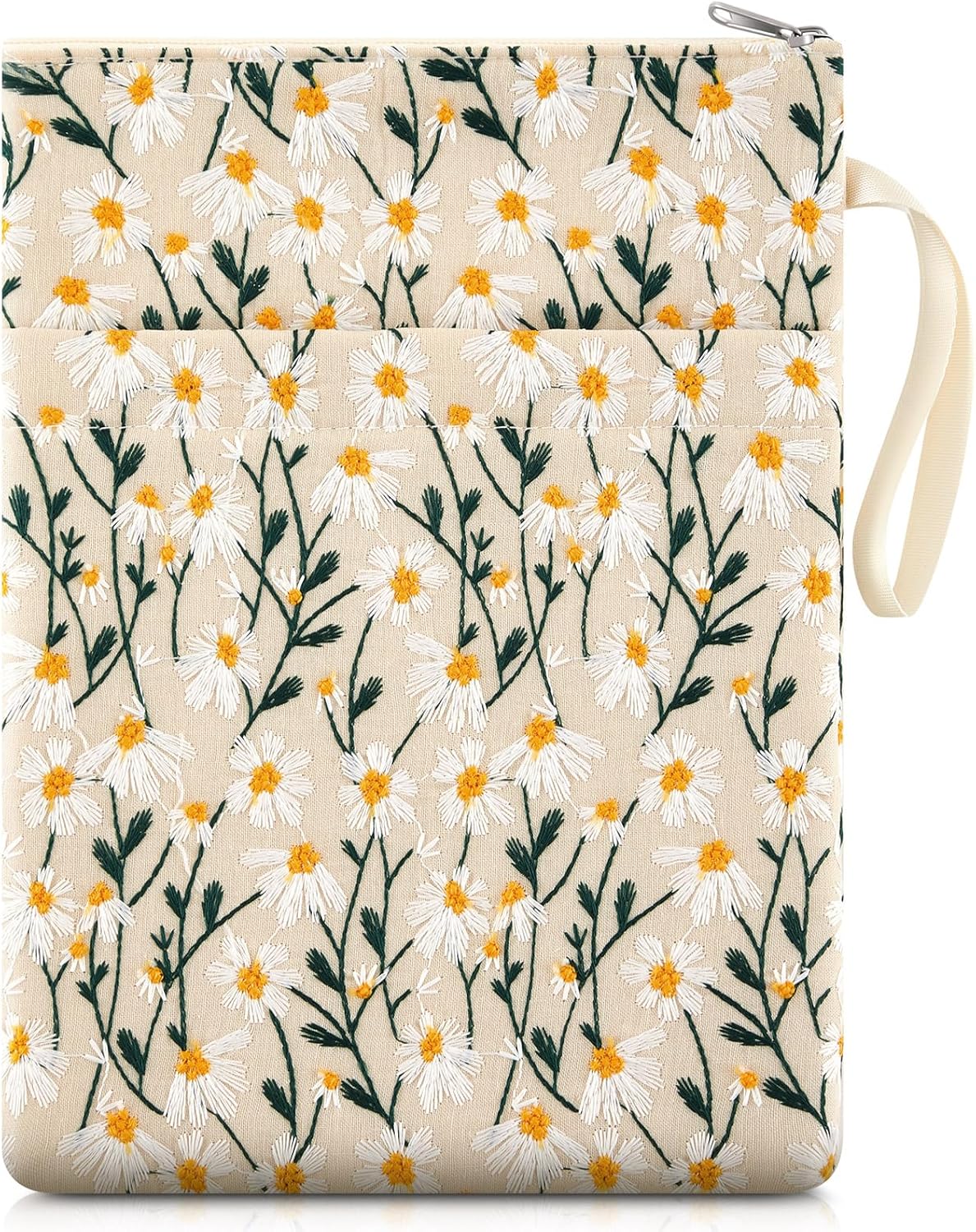 12''x9'' Daisy Embroidered Book Sleeve with Cotton Lining with Handle and Zipper Book Protector for Paperback and Hardcover, Christmas Ideal Gift Book Sleeve Pouch for Book Lovers(White)
