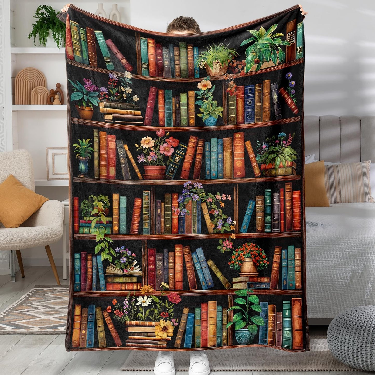 Bookshelf Throw Blanket Vintage Books Blanket for Book Lovers Reading Blankets for Readers Floral Fleece Throw Blanket Super Soft Warm Cozy Flannel Blankets for Couch Sofa Bed 50x60in