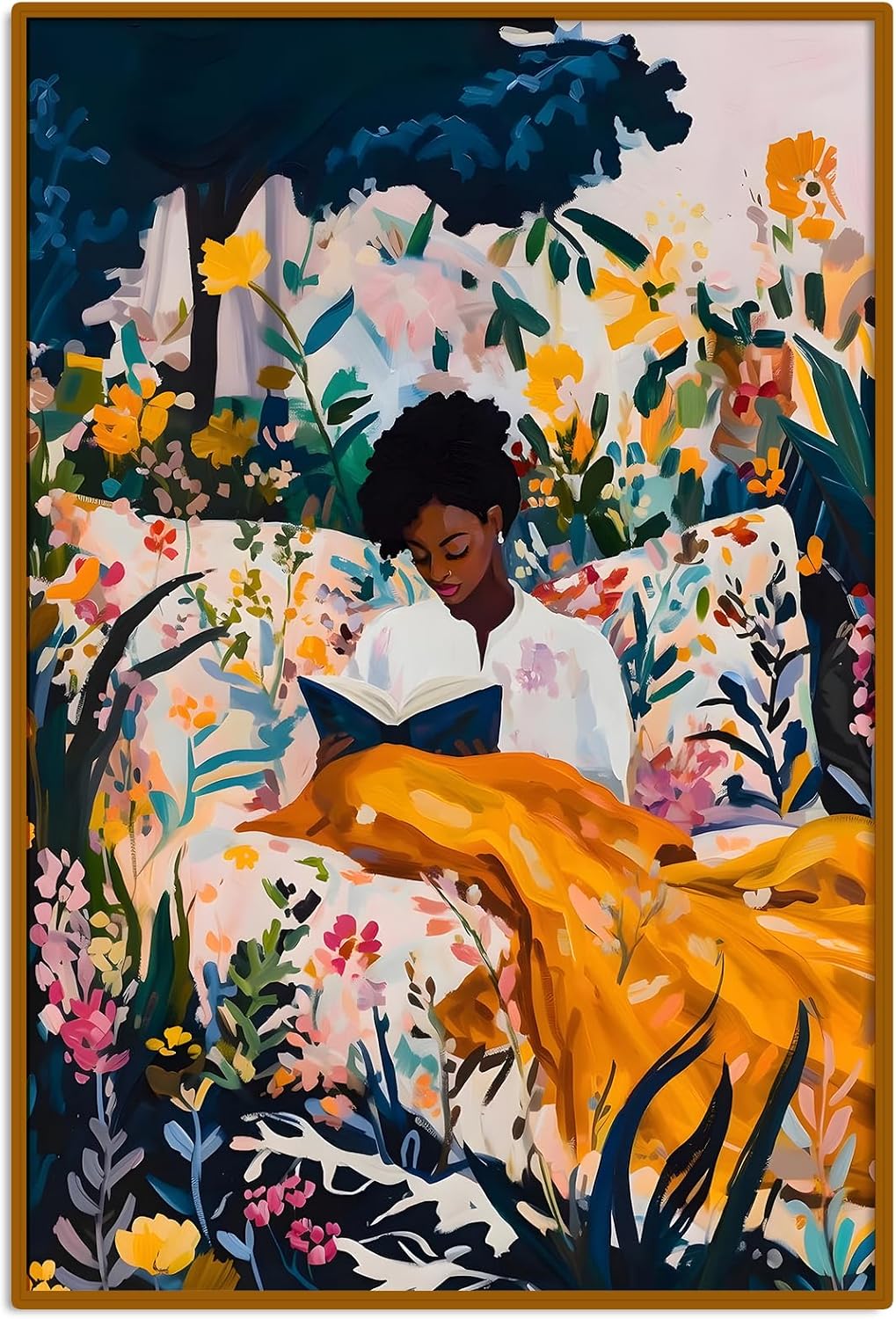 Black woman art Boho wall art Black Woman Reading in Floral Bed Poster Canvas Wall Art Retro African American Modern Family Bedroom Decor Room Aesthetic Wall Art Posters Unframed16x24inch Unframed